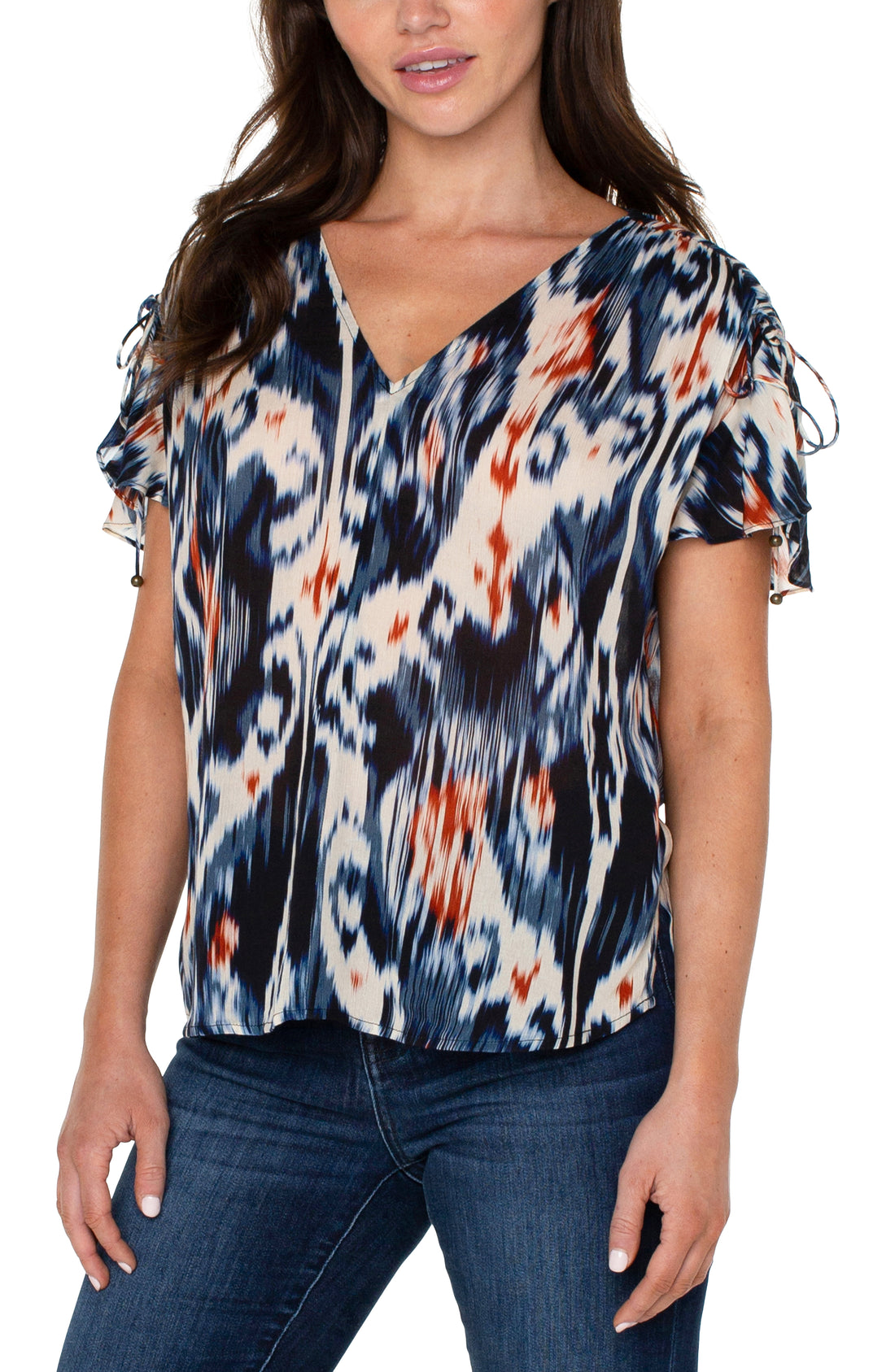 Shirred V-Neck Top With Tie Detail