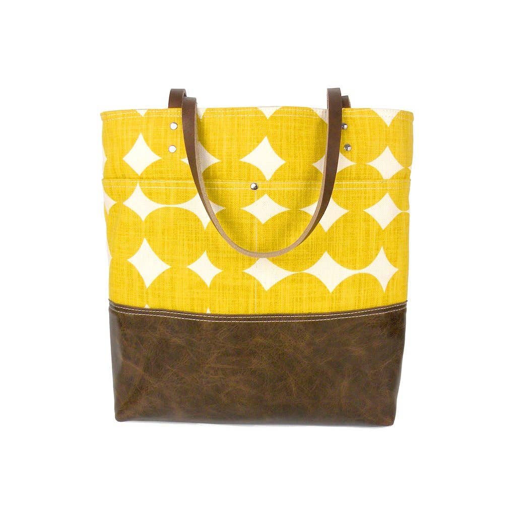 Urban Tote in Yellow Dots with Distressed Leather