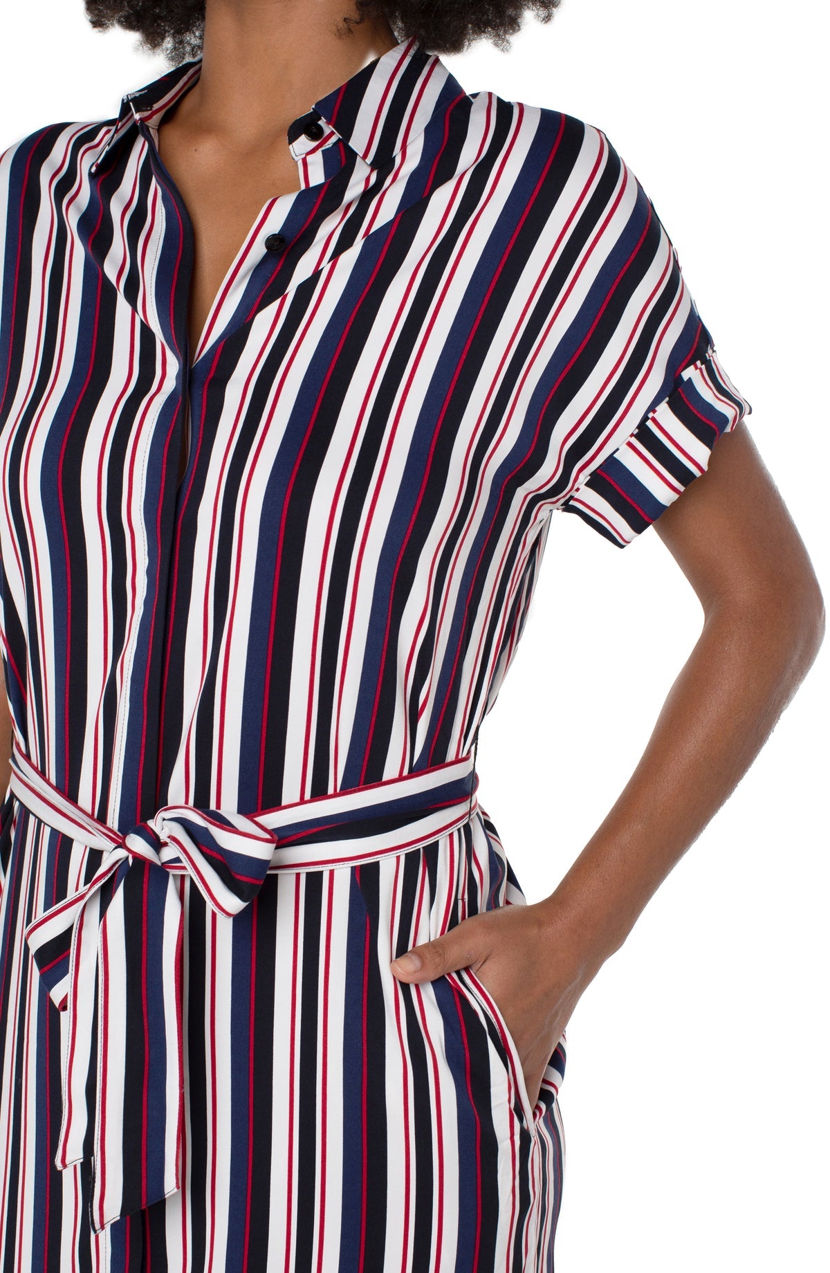 Belted Shirt Dress - Navy Lollipop Red Stripe