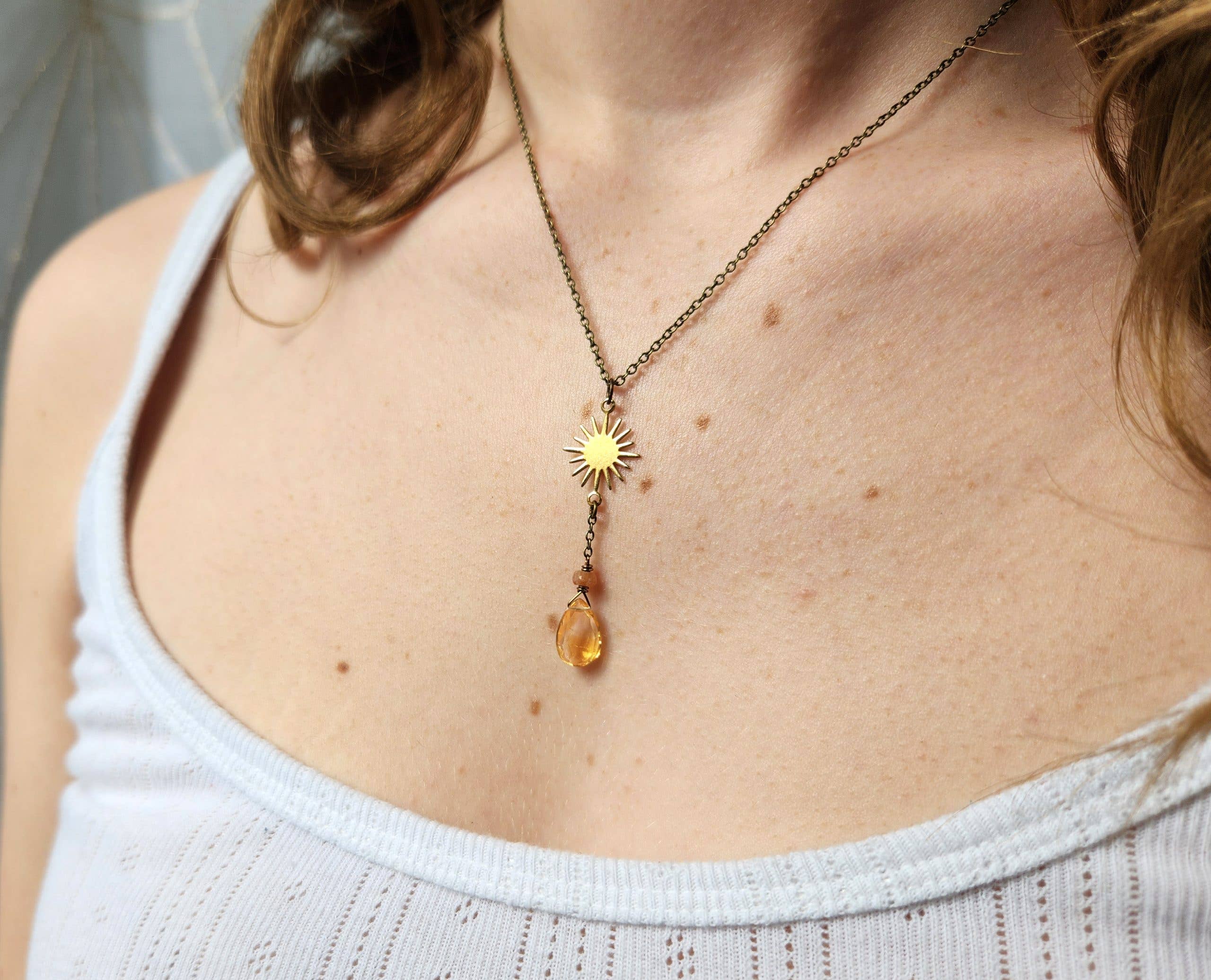 Citrine with Sunstone Brass Sun Charm Y Chain Necklace for Fall