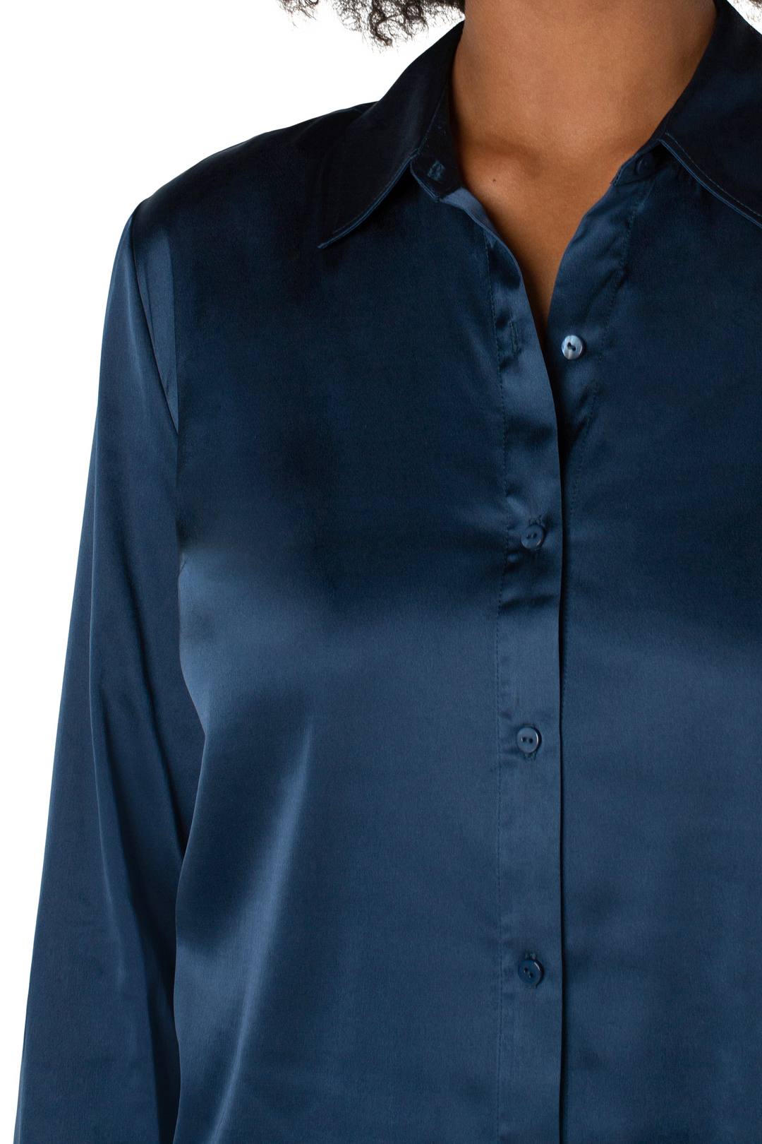 Button Front Woven Blouse - Shibori Blue