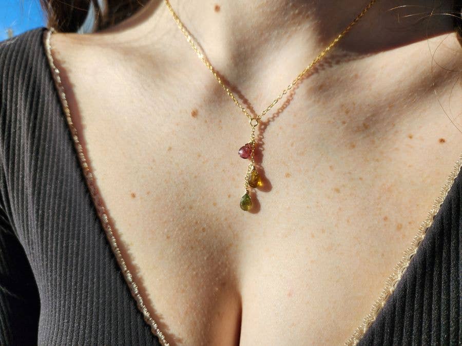 Watermelon Tourmaline Dainty Triple Y Gold Necklace