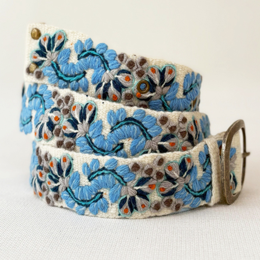 Blue Serenade Embroidered Wool Belt
