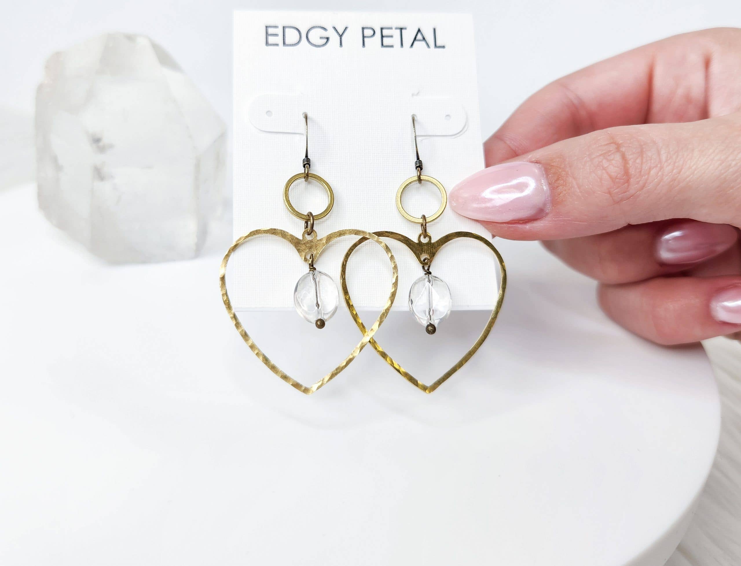 Large Heart Outline Earrings with Clear Quartz Stones and Brass