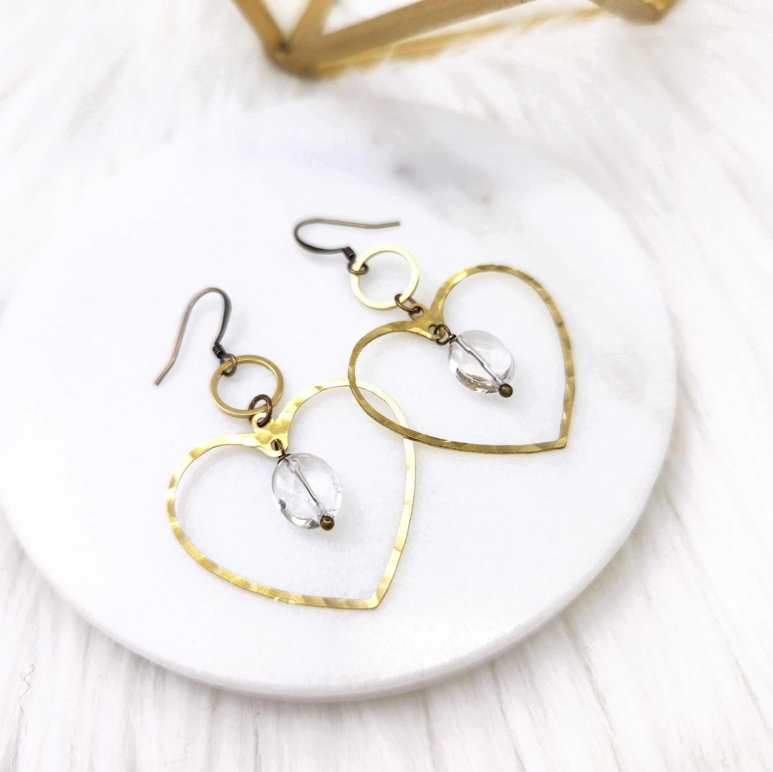 Large Heart Outline Earrings with Clear Quartz Stones and Brass