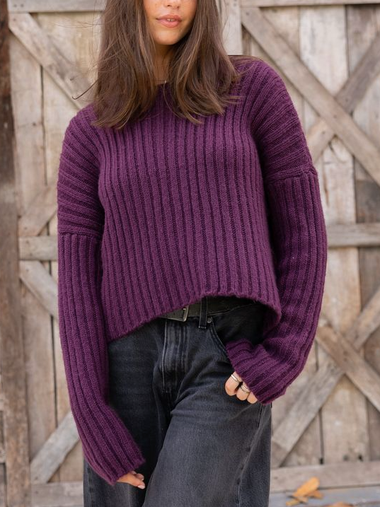 Miles Cropped Crew Chunky Sweater - Plum Night