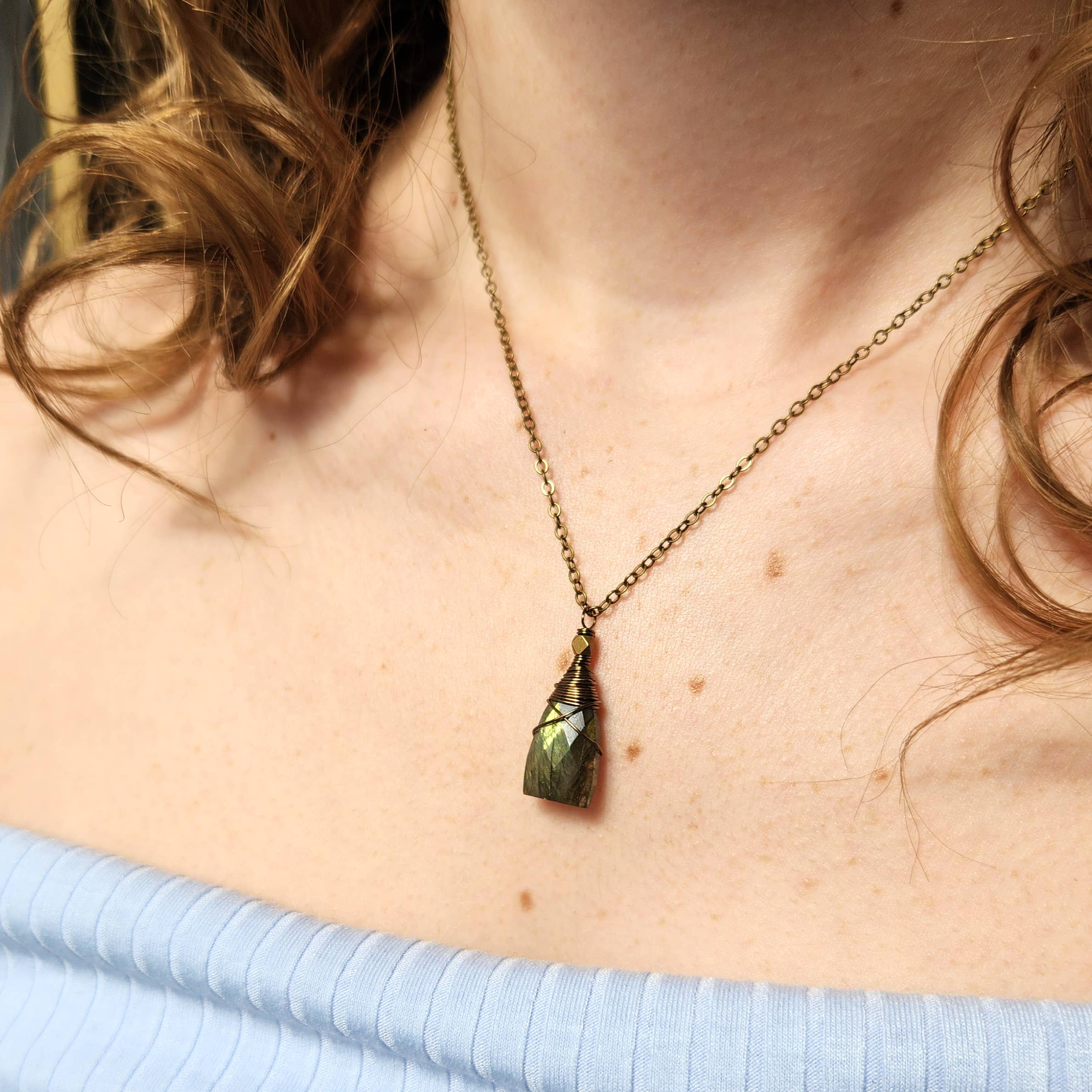 Wire Wrapped Labradorite Triangle Necklace