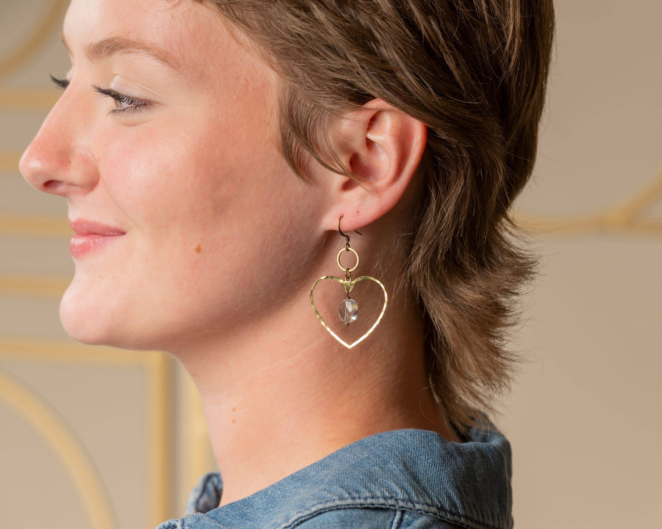 Large Heart Outline Earrings with Clear Quartz Stones and Brass