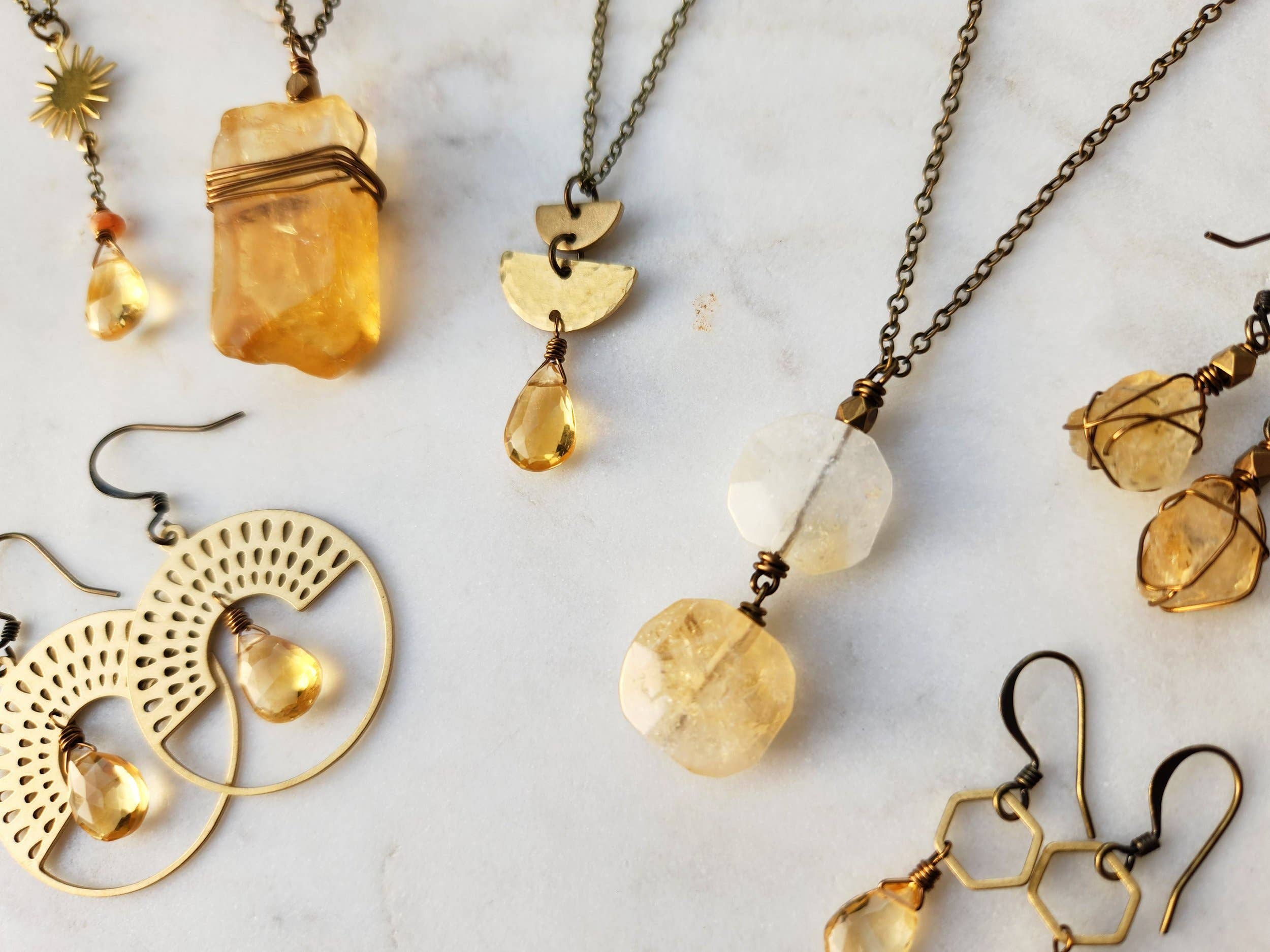 Citrine with Sunstone Brass Sun Charm Y Chain Necklace for Fall