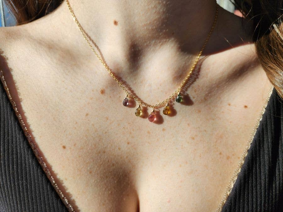 Multicolored Watermelon Tourmaline 5 Stone Gold Necklace