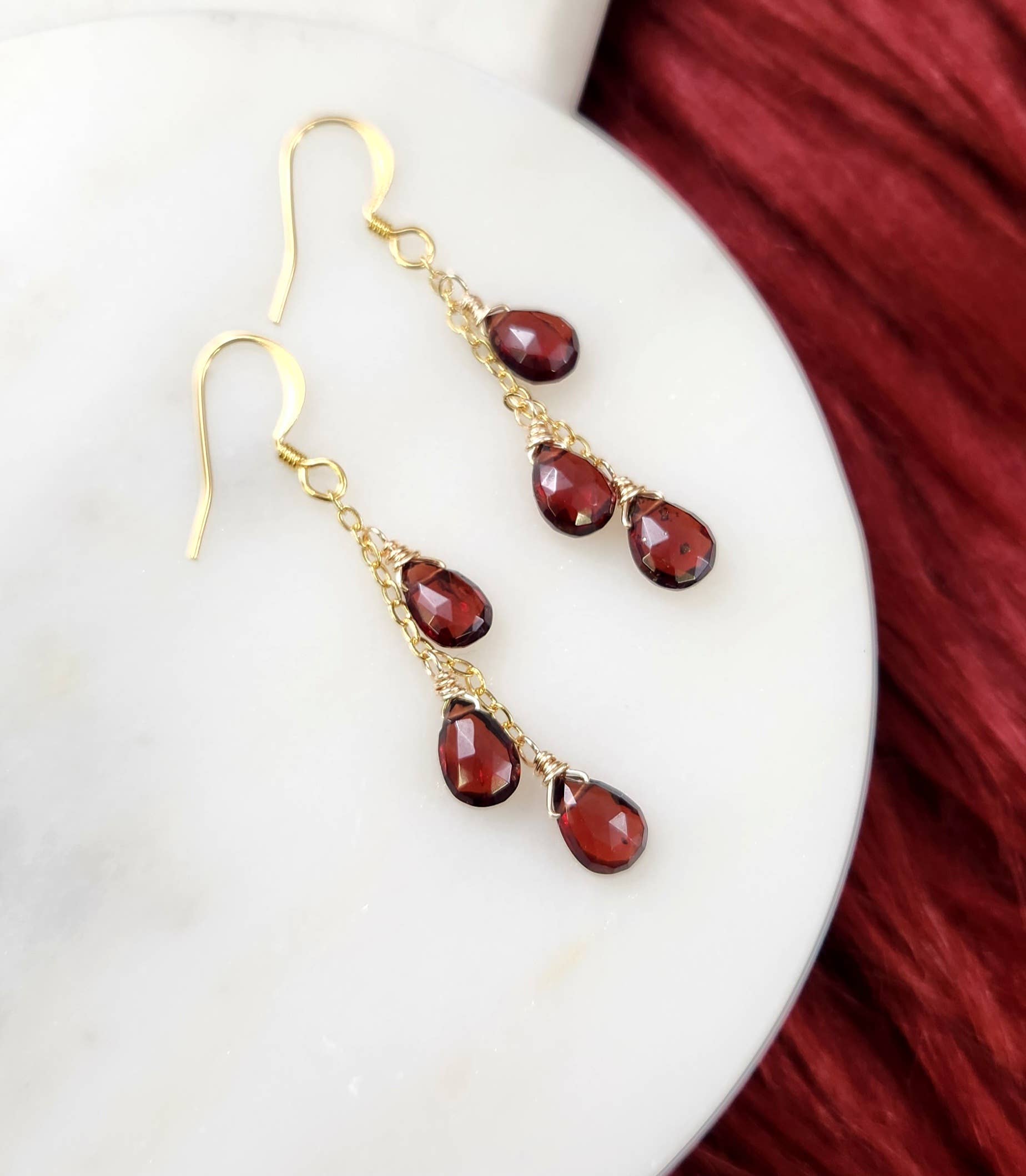 Triple Garnet Gold Chain Earrings
