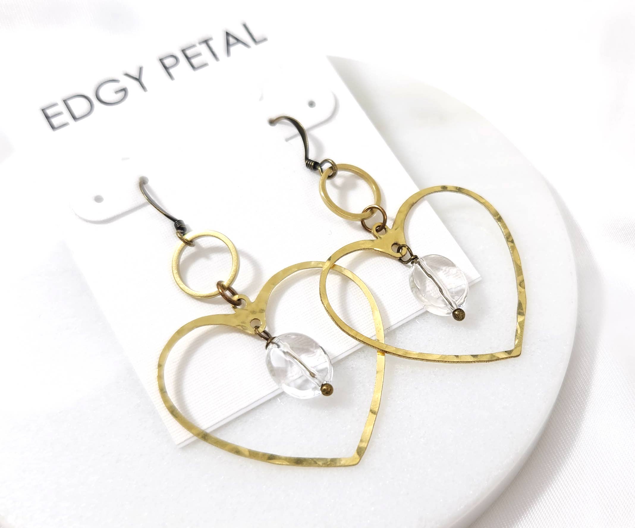 Large Heart Outline Earrings with Clear Quartz Stones and Brass