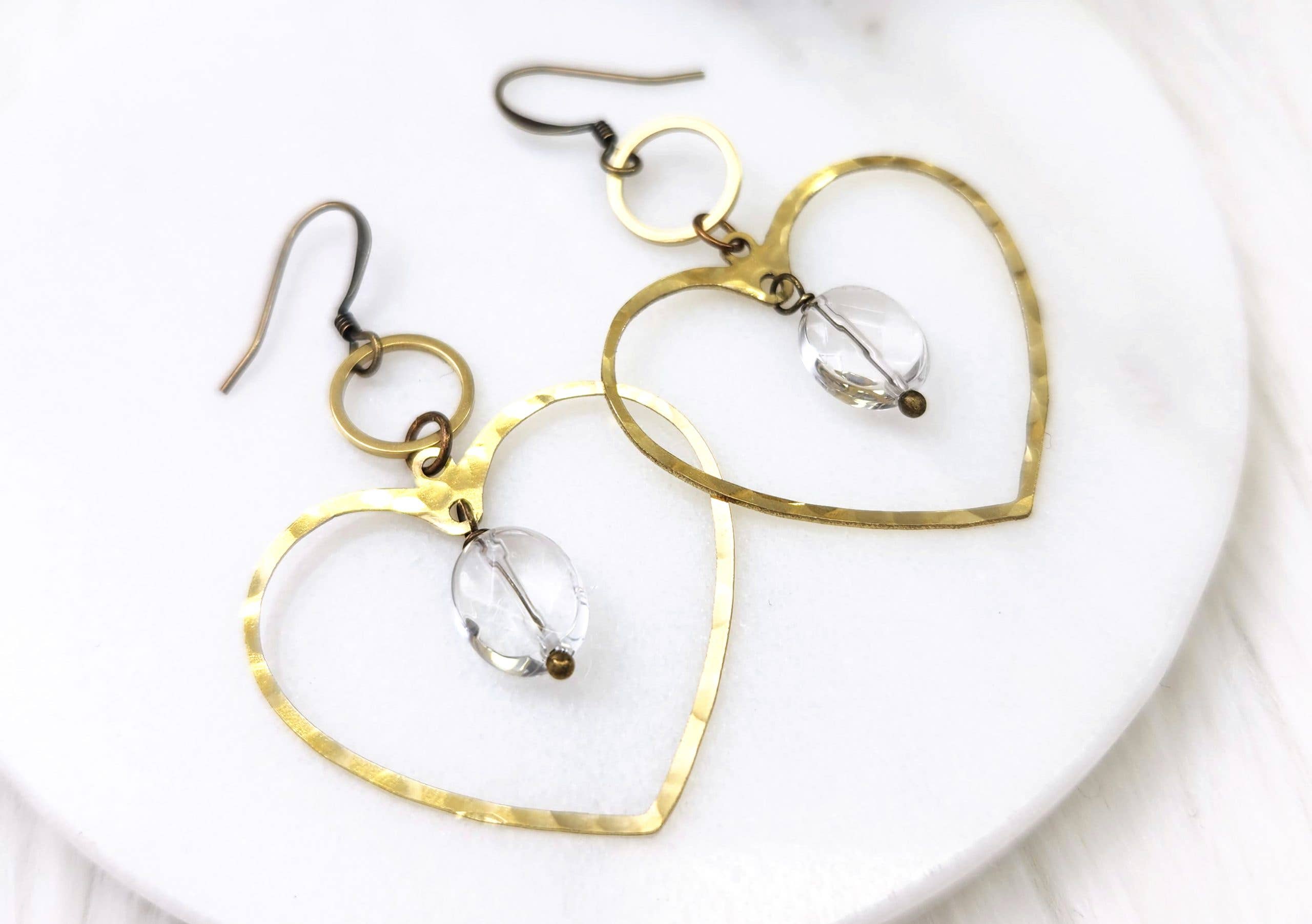 Large Heart Outline Earrings with Clear Quartz Stones and Brass