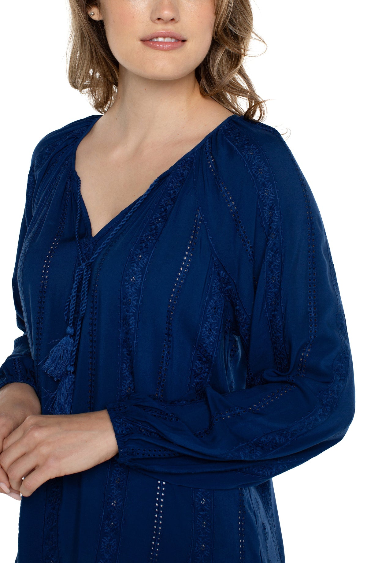 Embroidered Shirred Blouse with Neck Ties - Estate Blue
