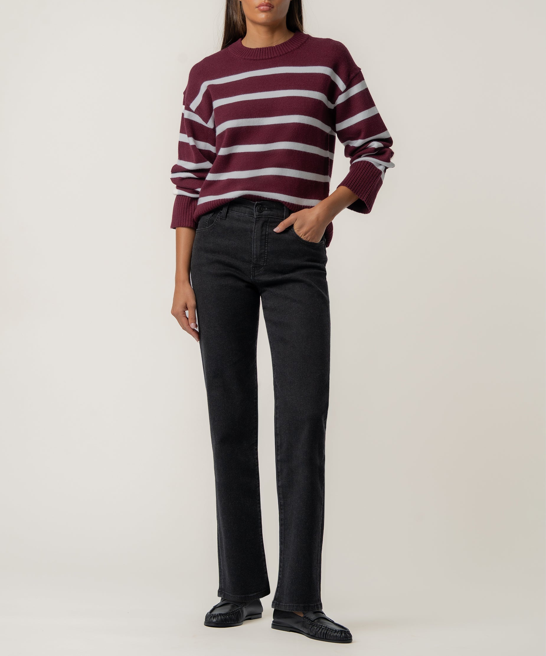 Sam Stripe Sweater Knit in Bordeaux and Ivory