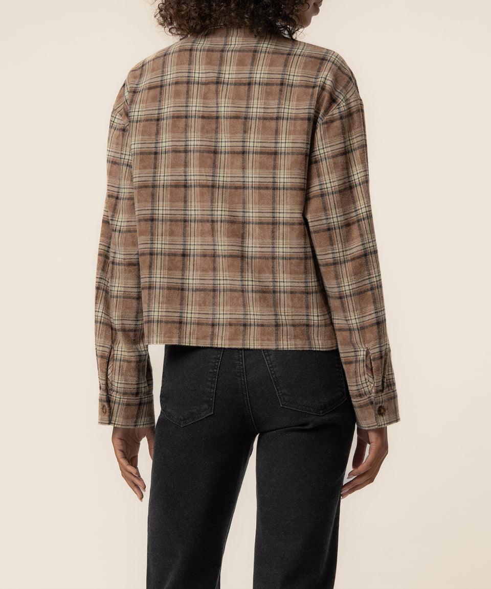 Mira Boxy Top Shirt - Saddle Brown Plaid