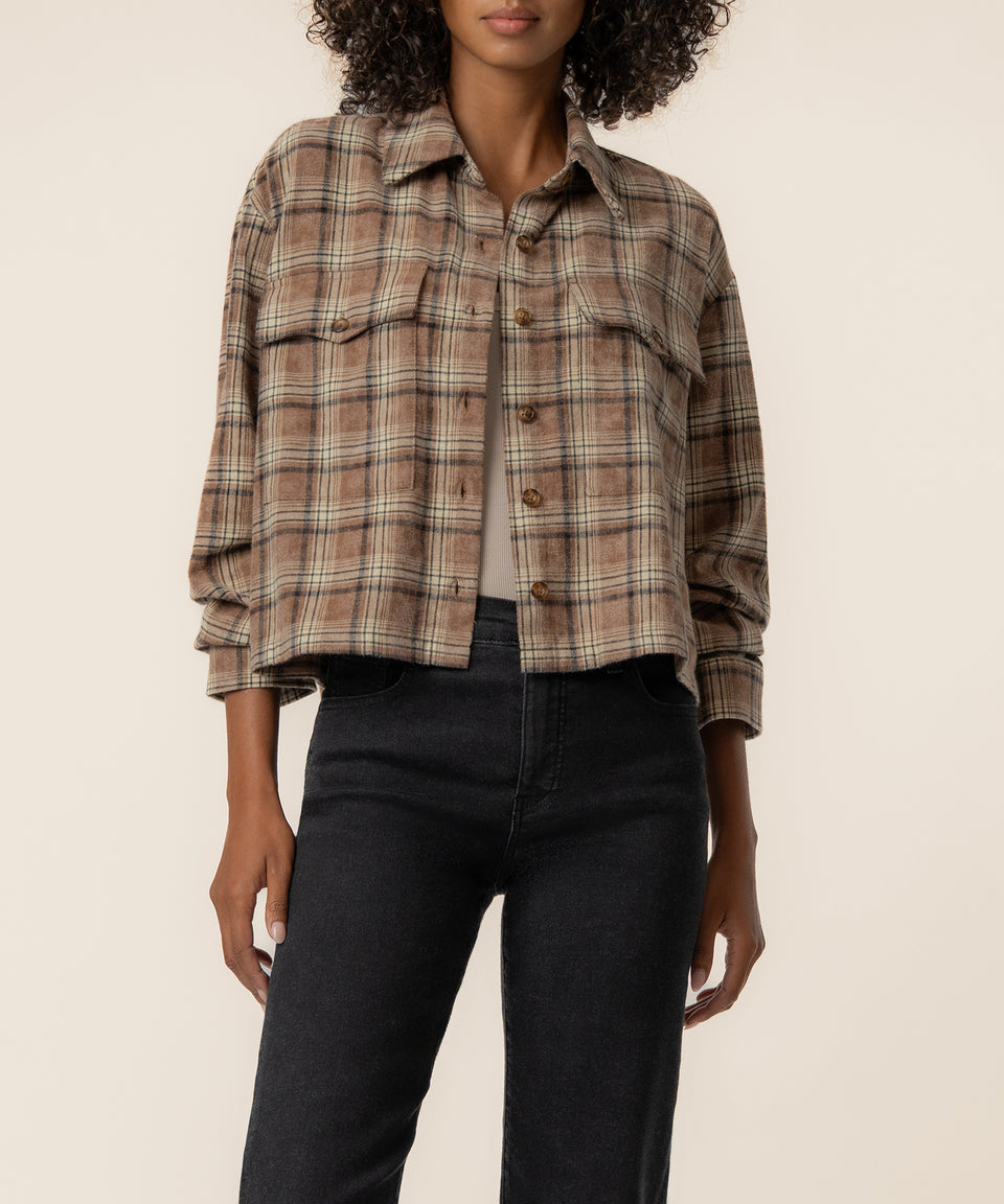 Mira Boxy Top Shirt - Saddle Brown Plaid