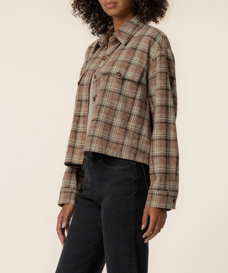 Mira Boxy Top Shirt - Saddle Brown Plaid