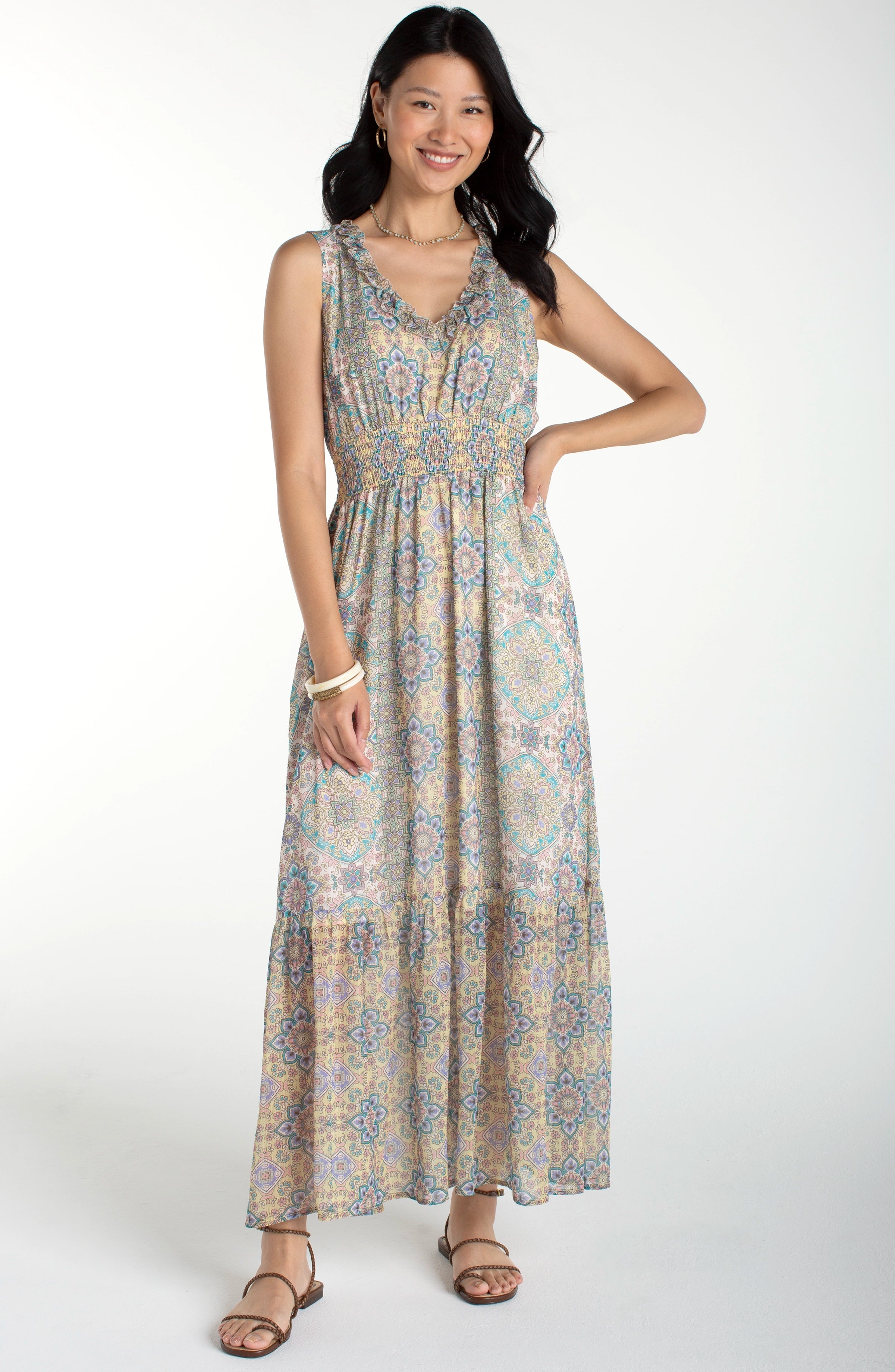 Sleeveless Smocked Waist Dress - Citron Multi