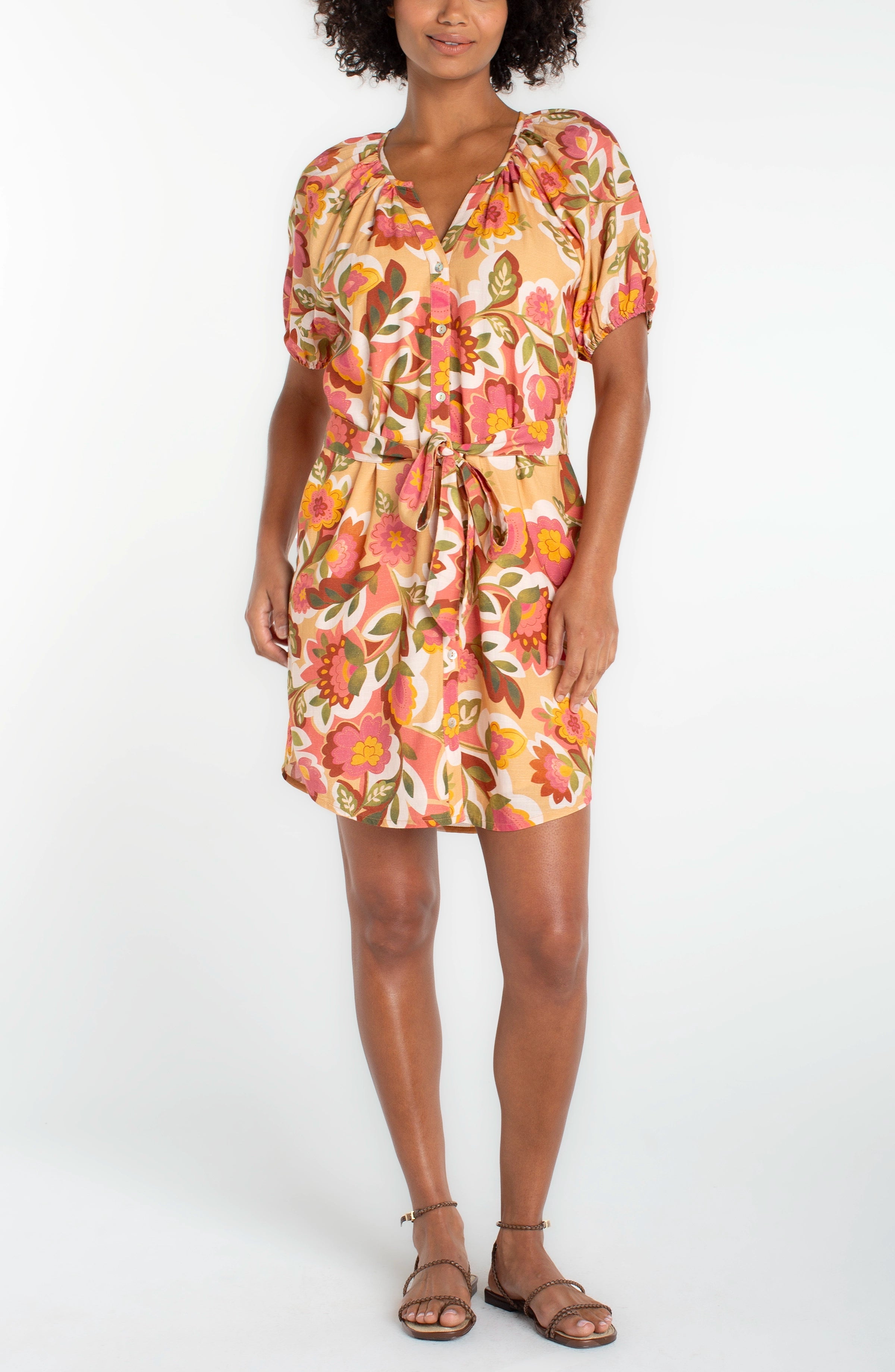Short Sleeve Shirred Button Up Dress - Tan Floral Multi