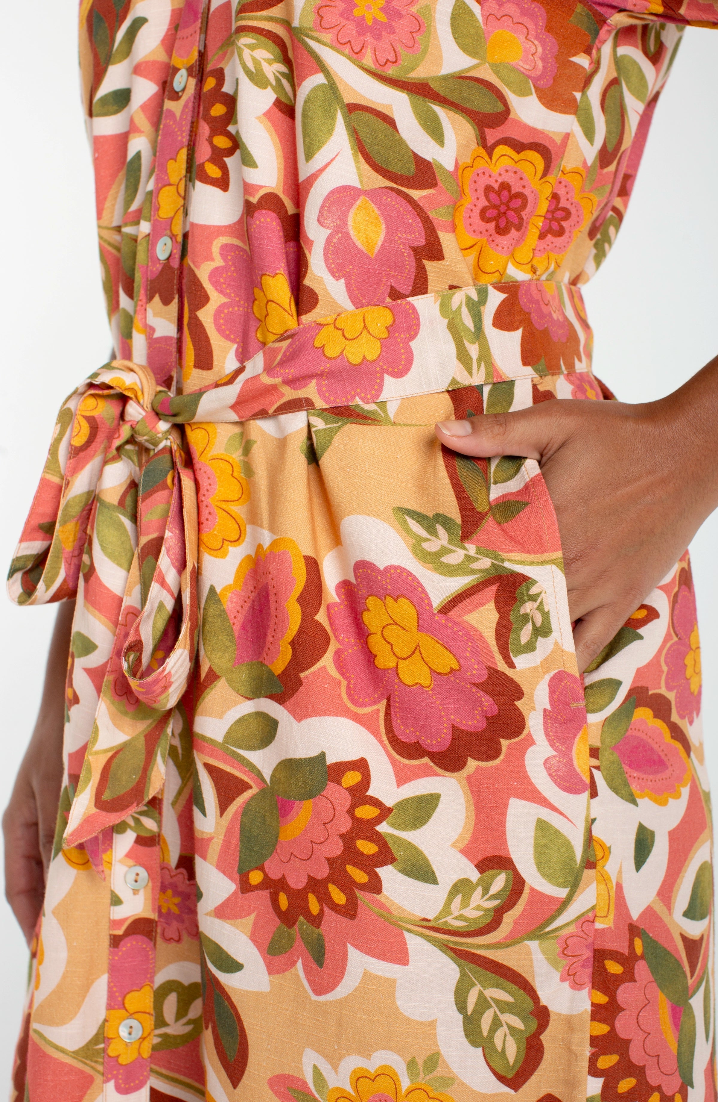 Short Sleeve Shirred Button Up Dress - Tan Floral Multi