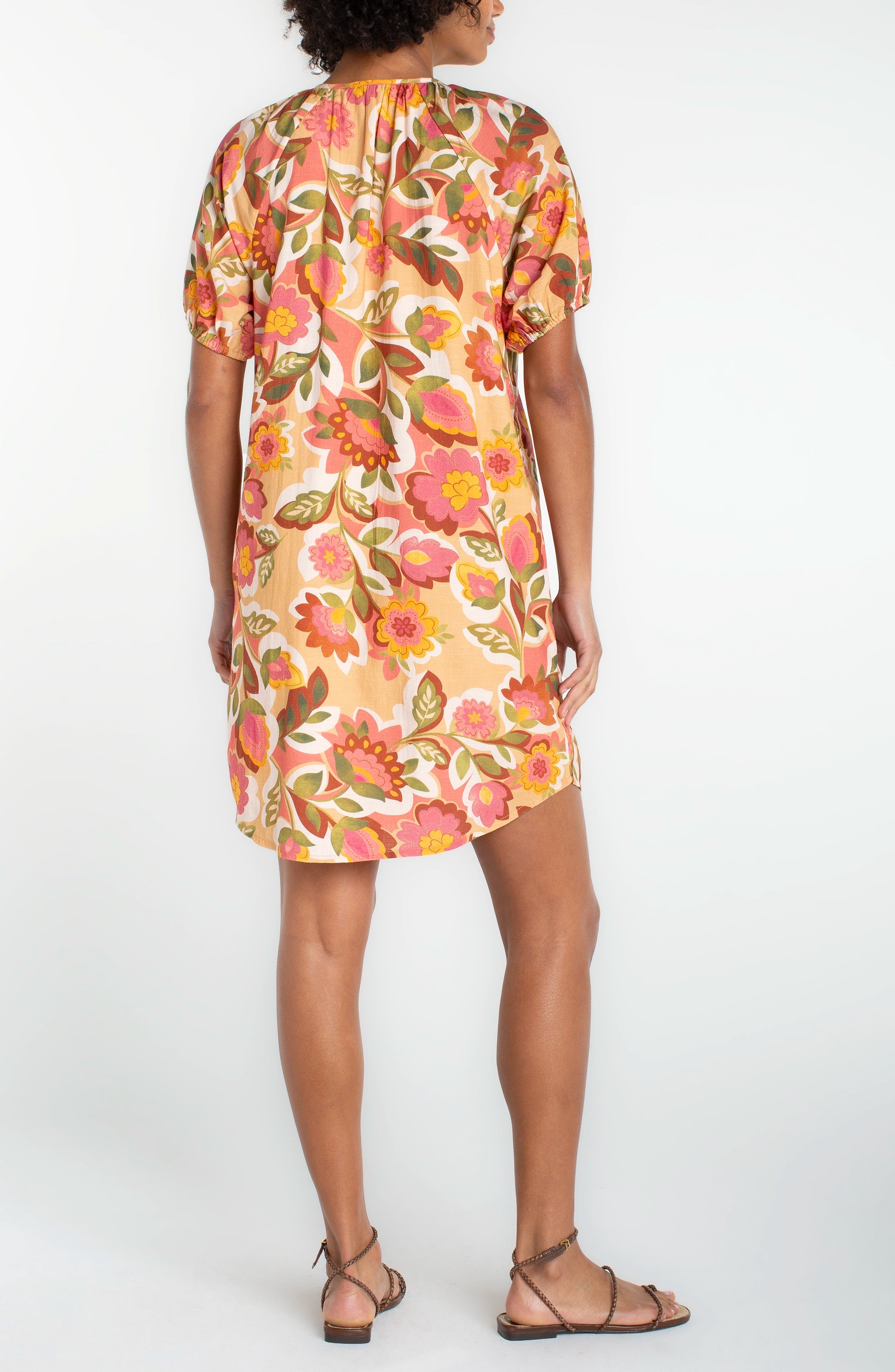Short Sleeve Shirred Button Up Dress - Tan Floral Multi