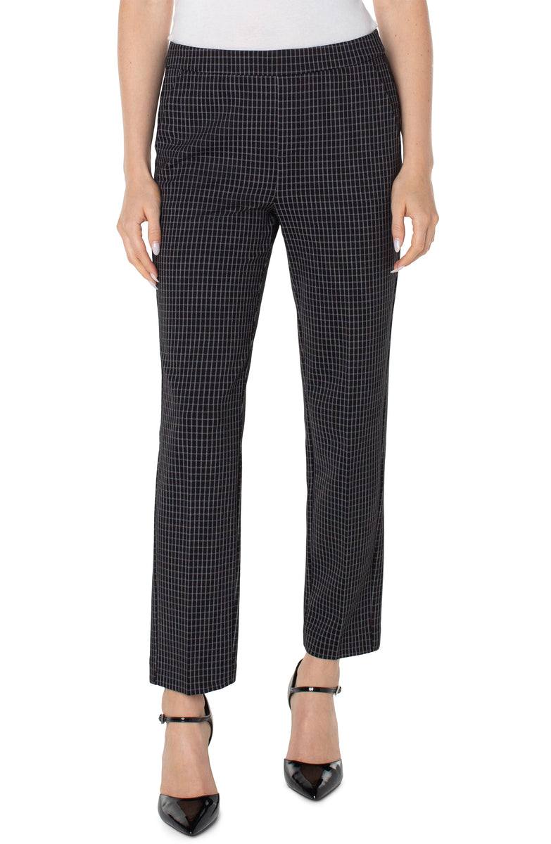 Kayla Pull On Trouser - Black with White Grid