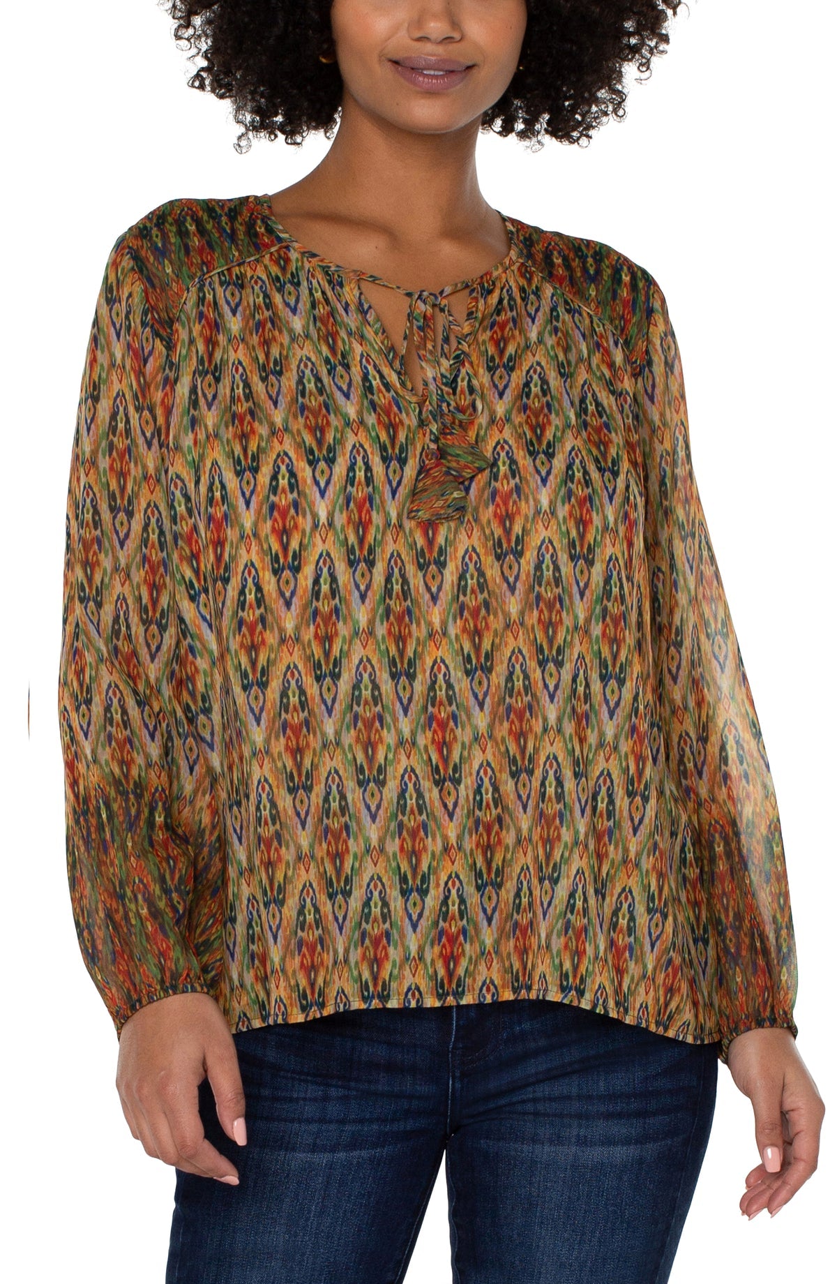 Long Sleeve Double Layer Tie Front Blouse - Multi Color Painted Ikat