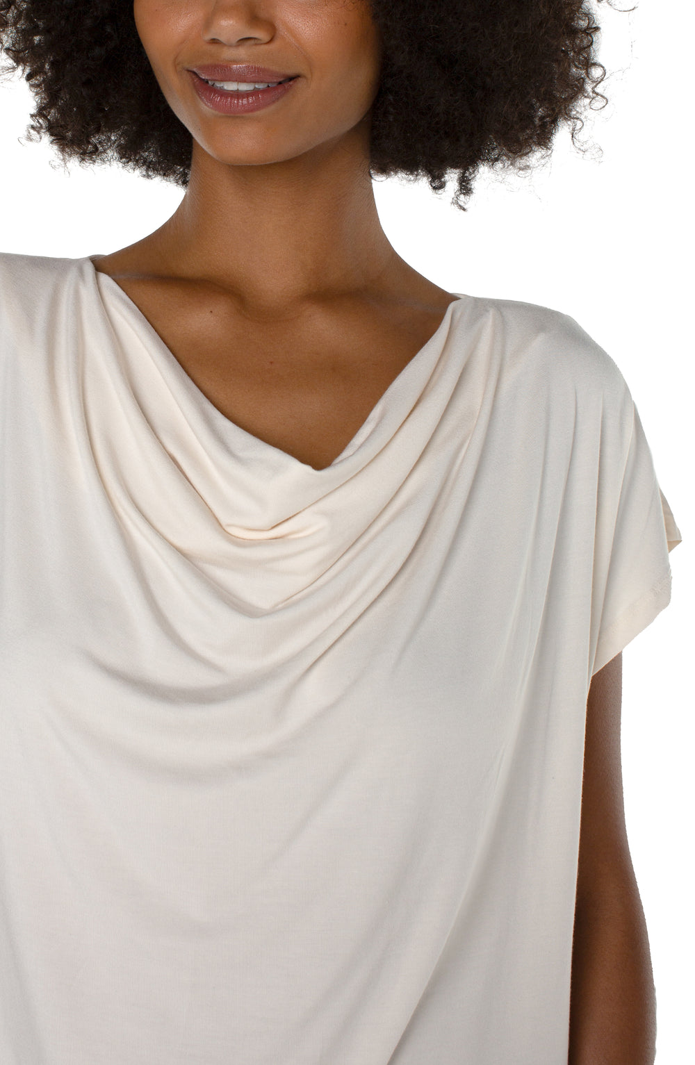 Short Sleeve Knit Top with Draped Cowl Neck