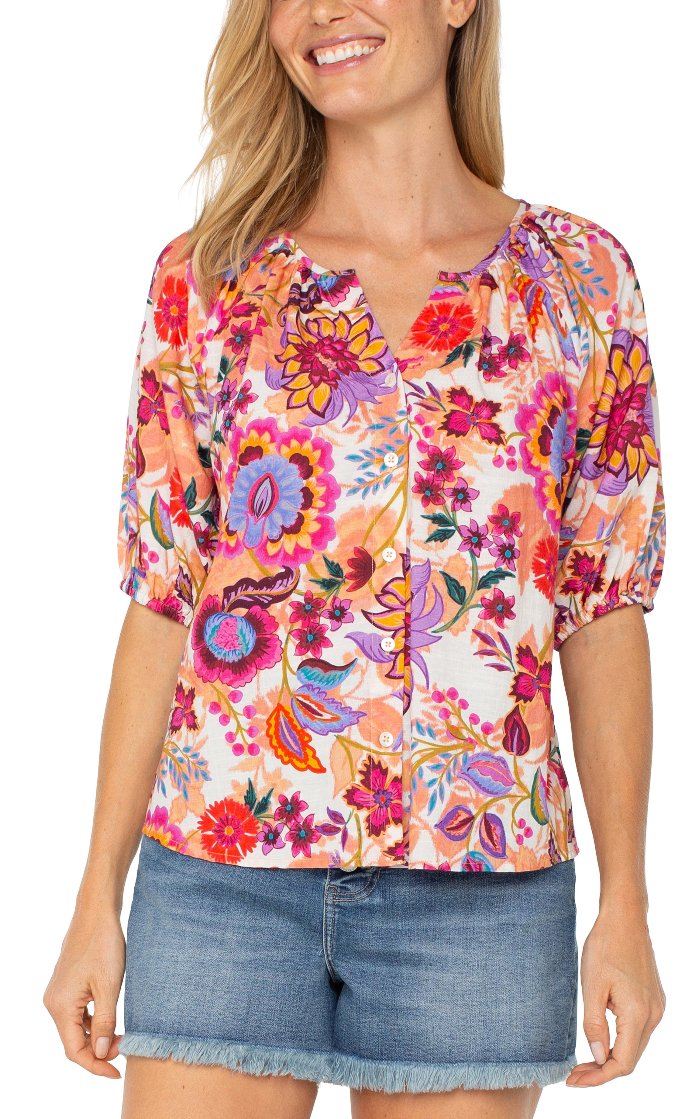 Button Front Shirred Woven Top - SALE