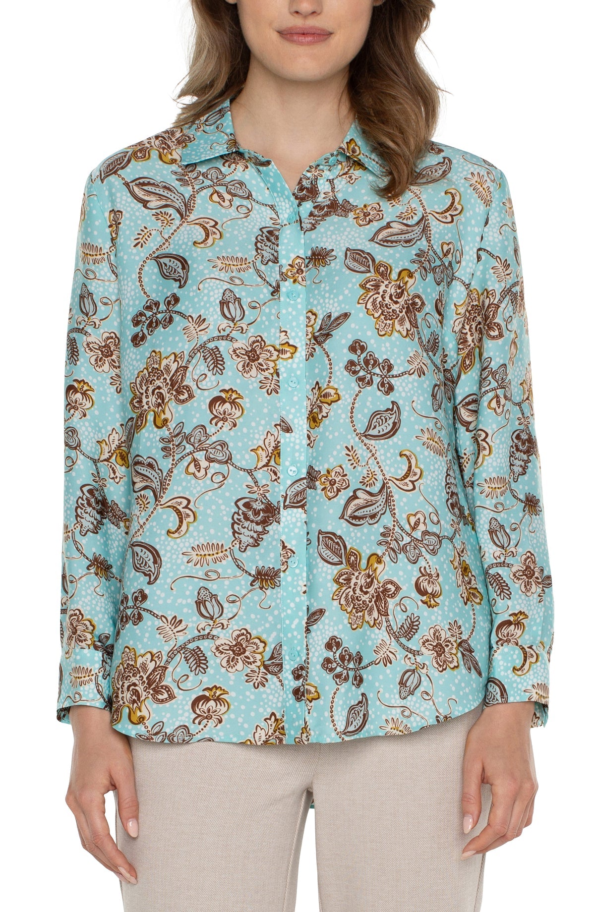 Button Up Woven Blouse - Pastel Turquoise Floral