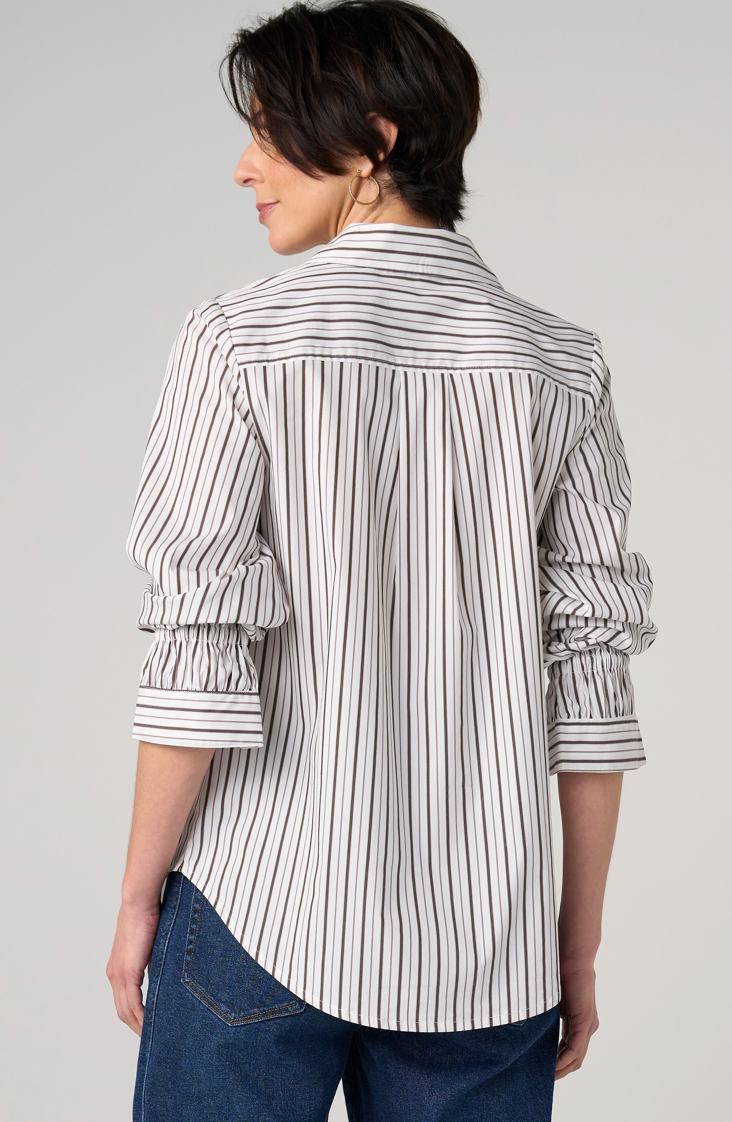 Adjustable Sleeve Button Up Shirt - Cream with Dark Espresso Multi Stripe