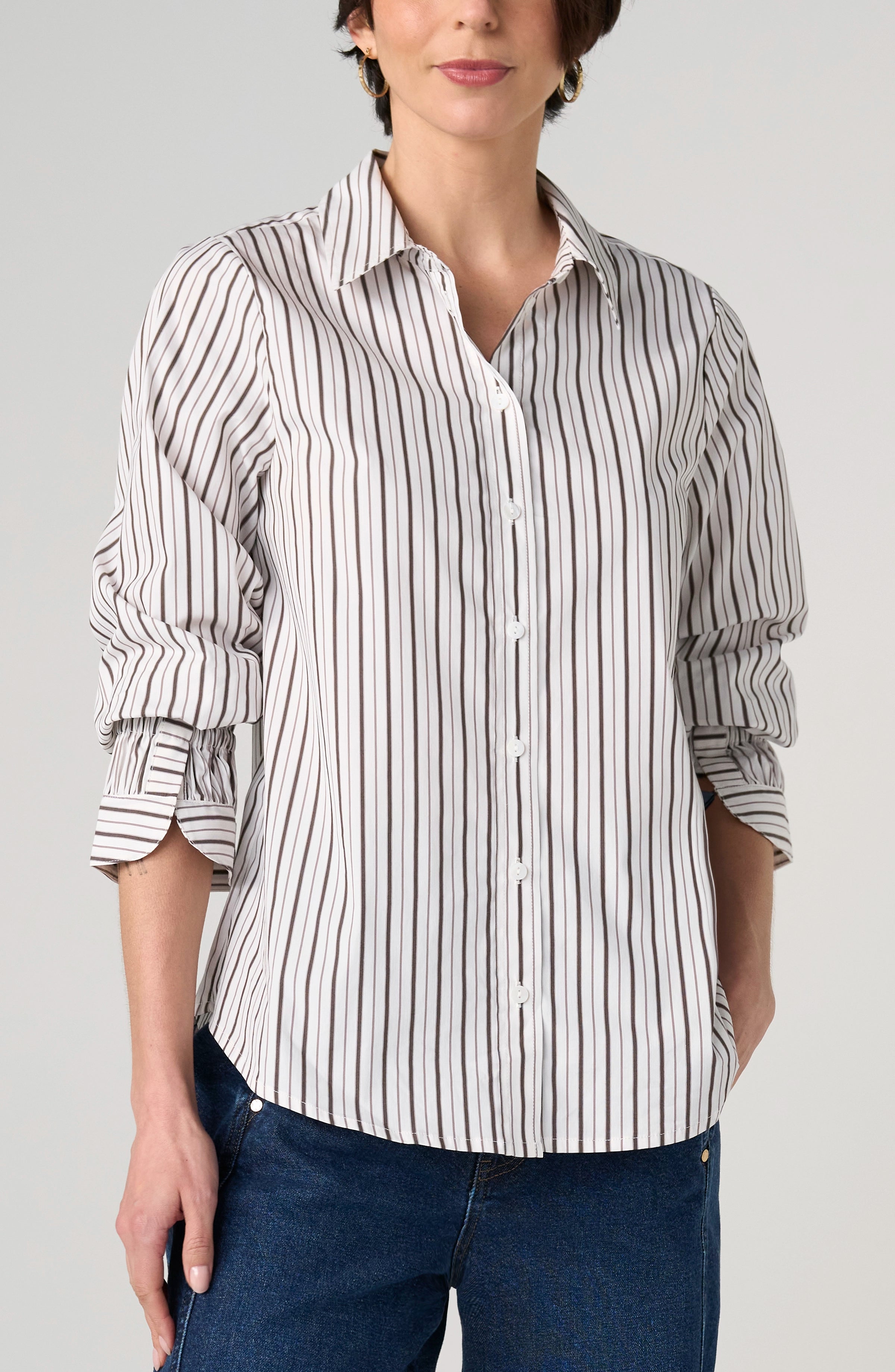 Adjustable Sleeve Button Up Shirt - Cream with Dark Espresso Multi Stripe