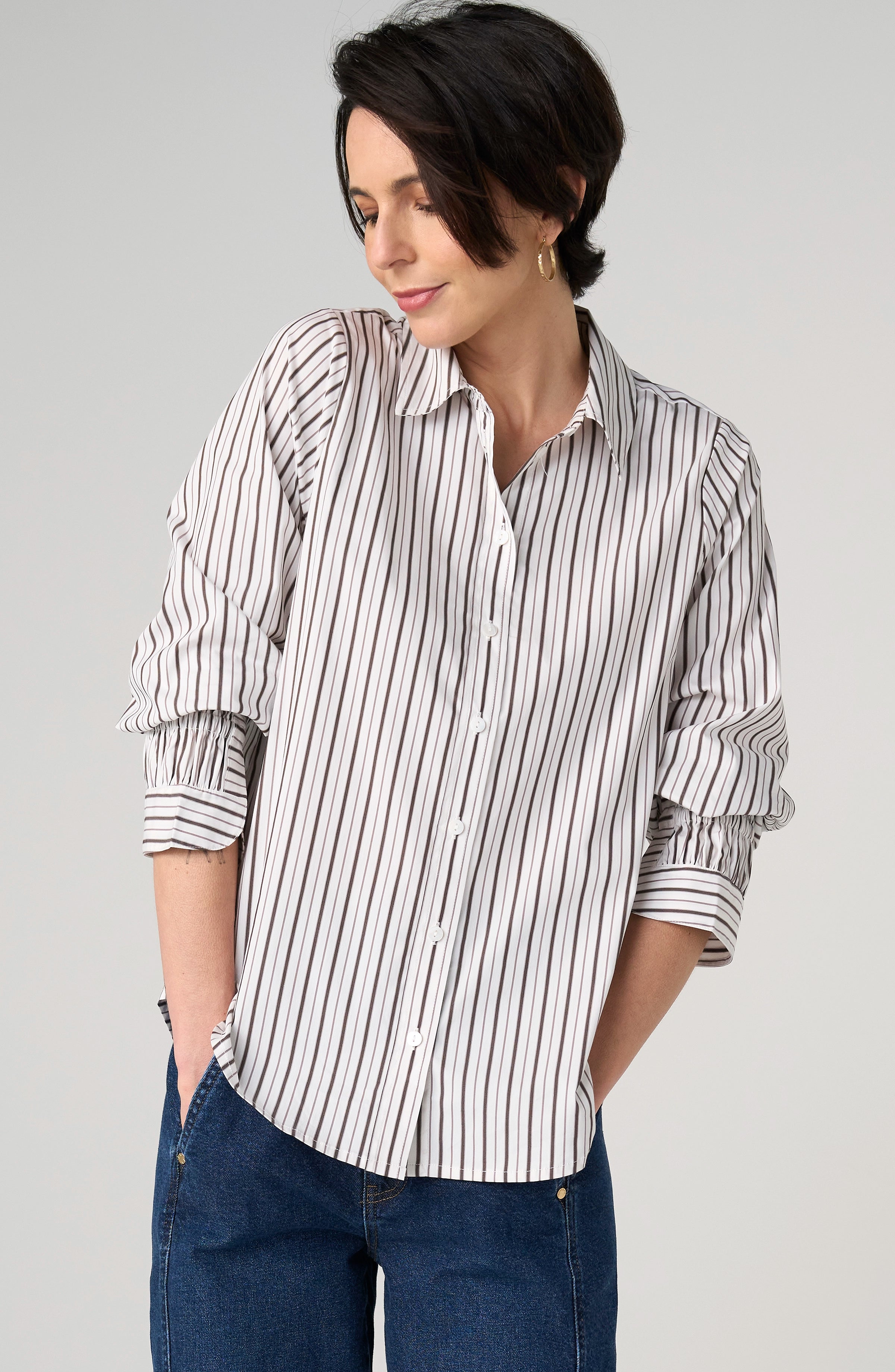 Adjustable Sleeve Button Up Shirt - Cream with Dark Espresso Multi Stripe