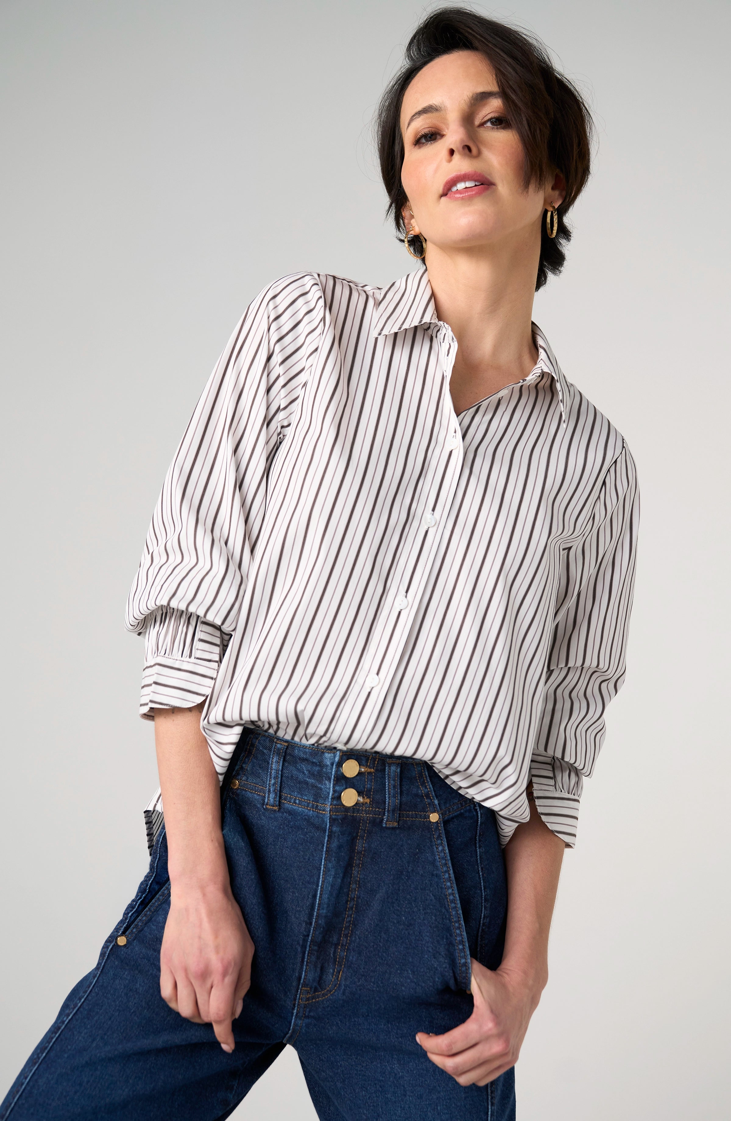 Adjustable Sleeve Button Up Shirt - Cream with Dark Espresso Multi Stripe