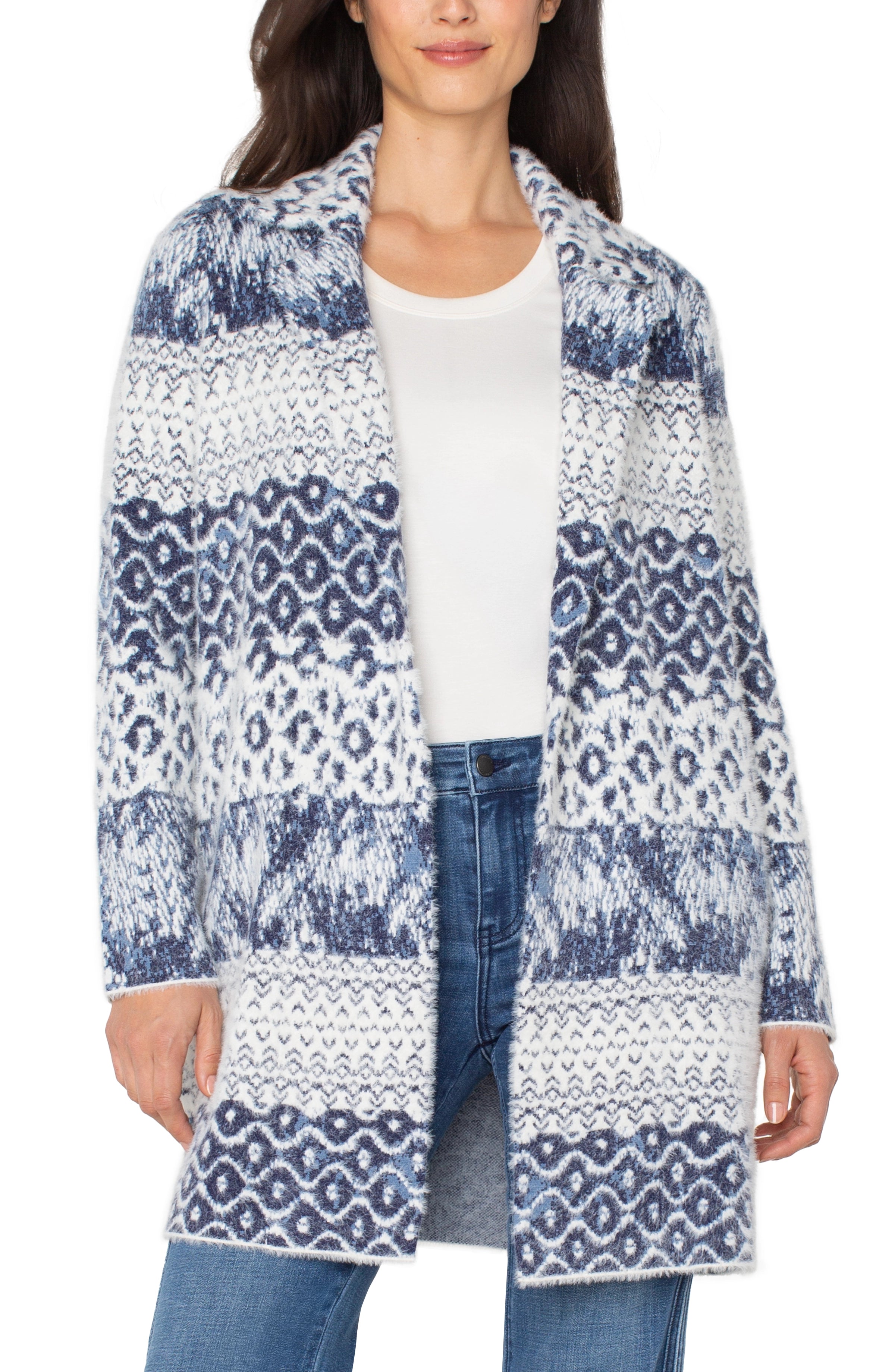 Open Front Coatigan Sweater - Navy Shibori Mixed Texture