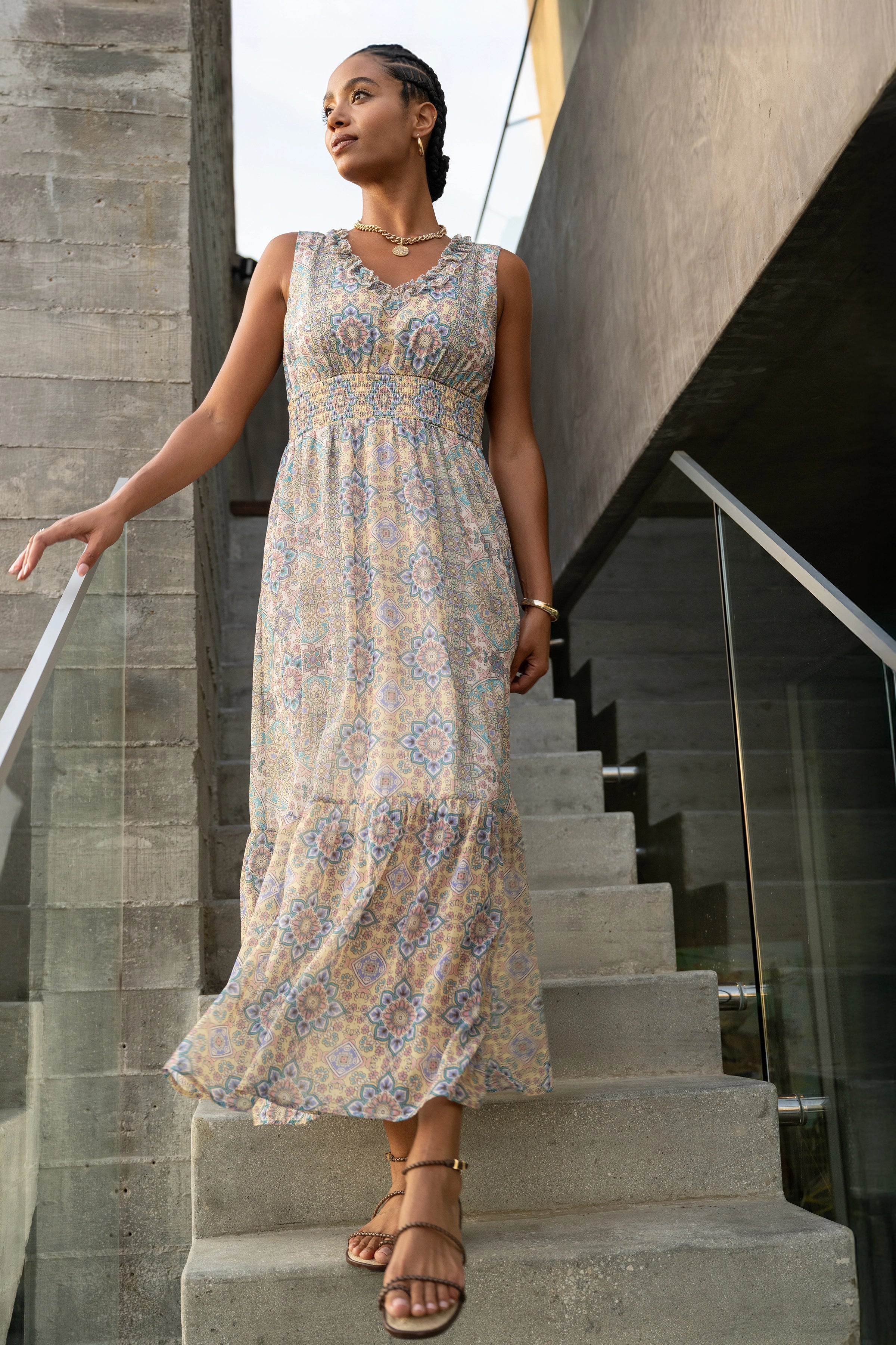Sleeveless Smocked Waist Dress - Citron Multi