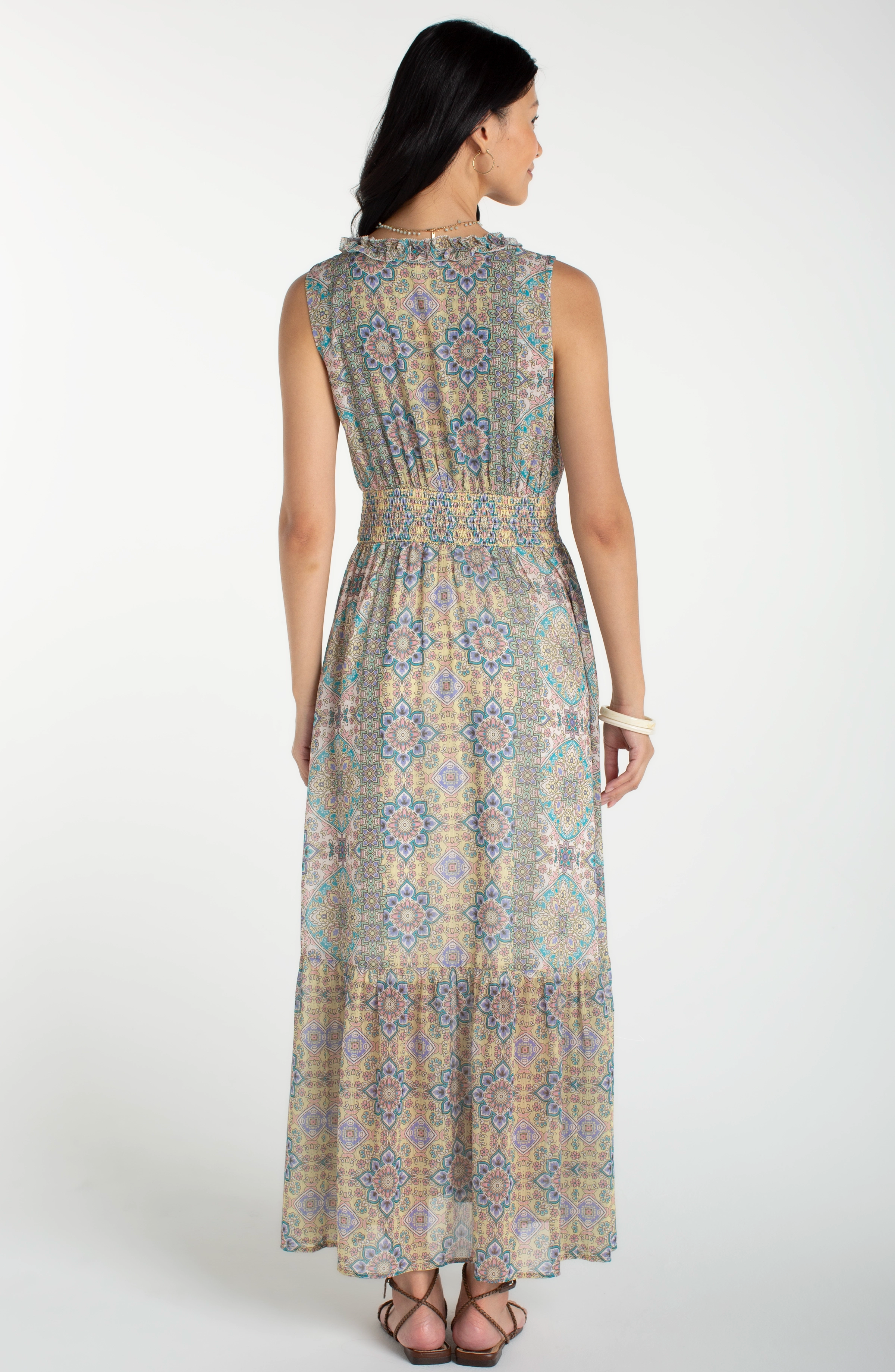 Sleeveless Smocked Waist Dress - Citron Multi