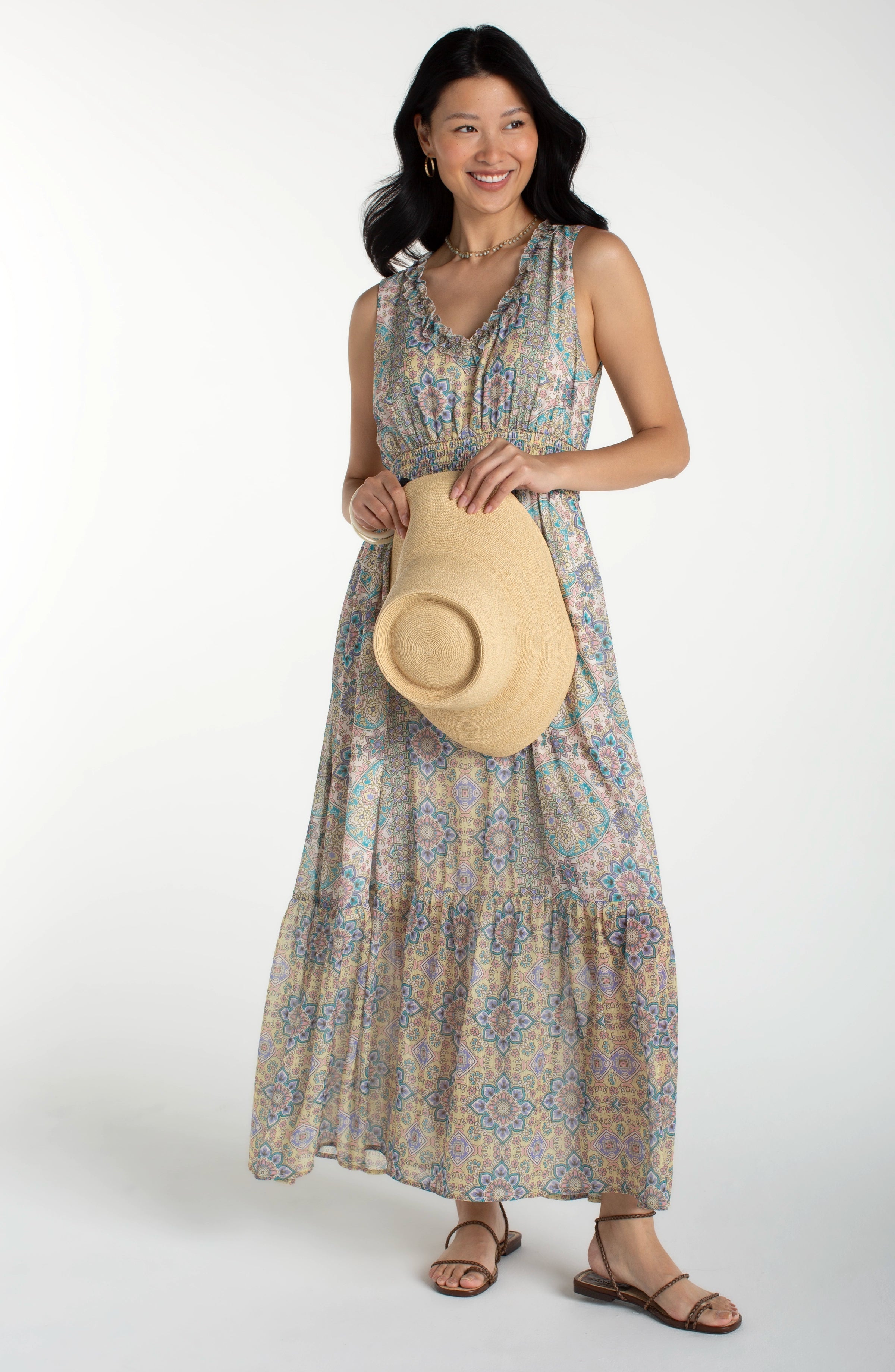 Sleeveless Smocked Waist Dress - Citron Multi