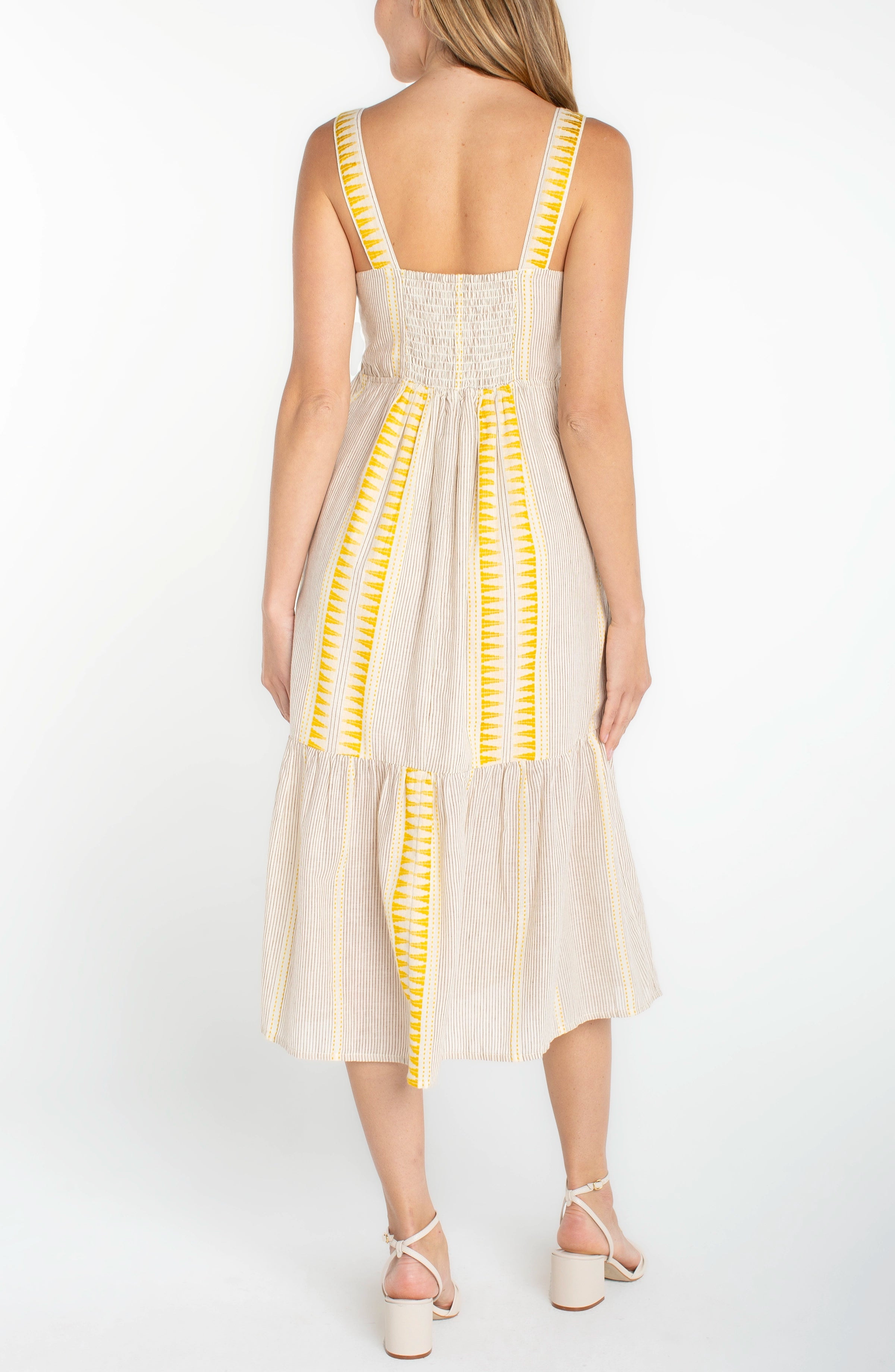 Sleeveless Midi Dress - Yellow Cream Brown Stripe