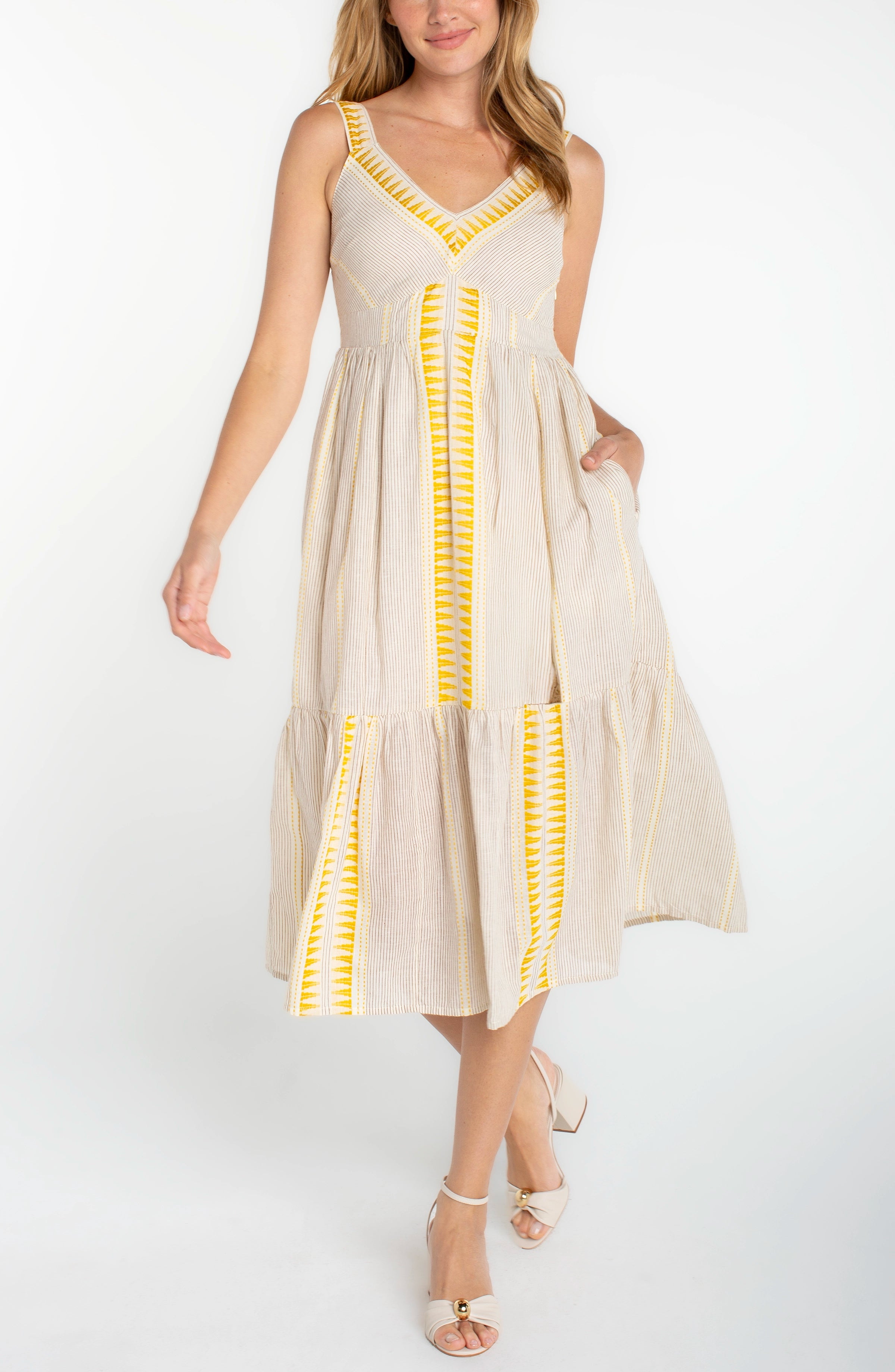 Sleeveless Midi Dress - Yellow Cream Brown Stripe