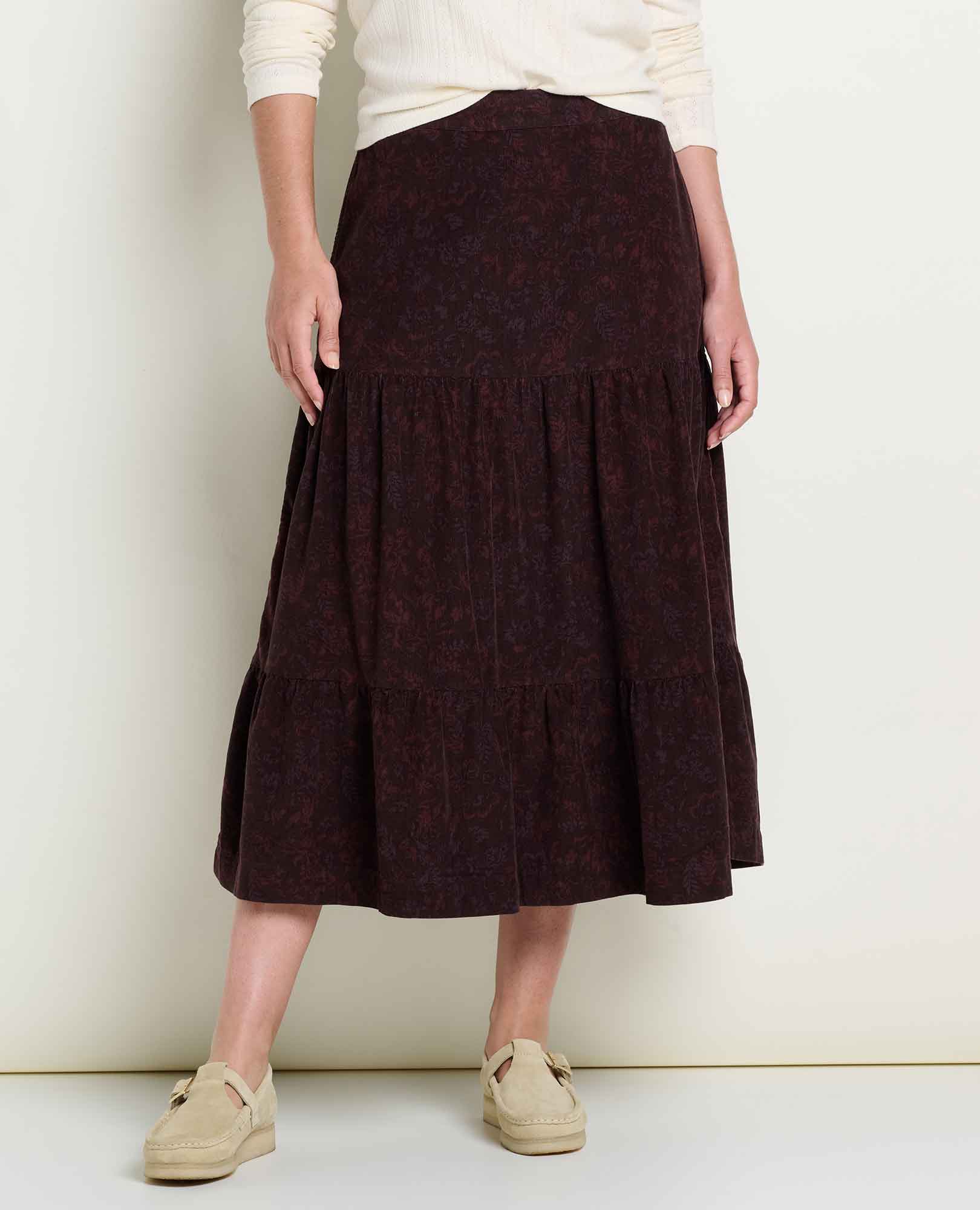 Cattail Corduroy Tiered Midi Skirt - Carob Floral Print
