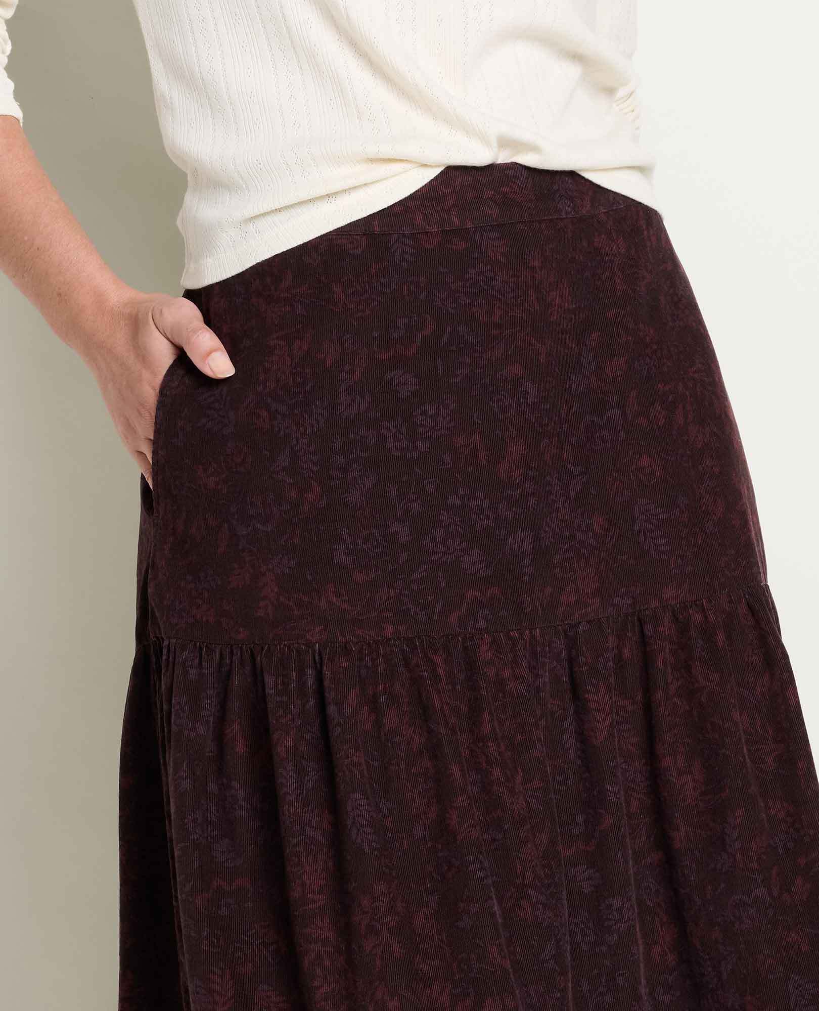 Cattail Corduroy Tiered Midi Skirt - Carob Floral Print