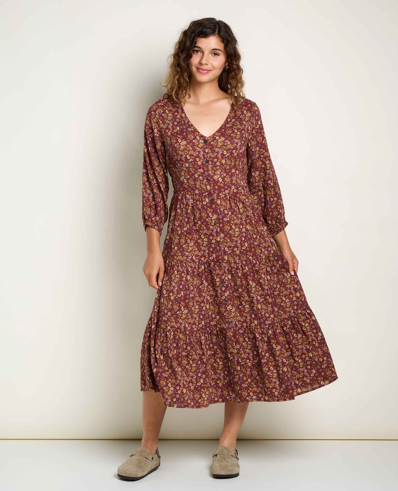 Manzana Tiered Midi Dress - Malbec Print