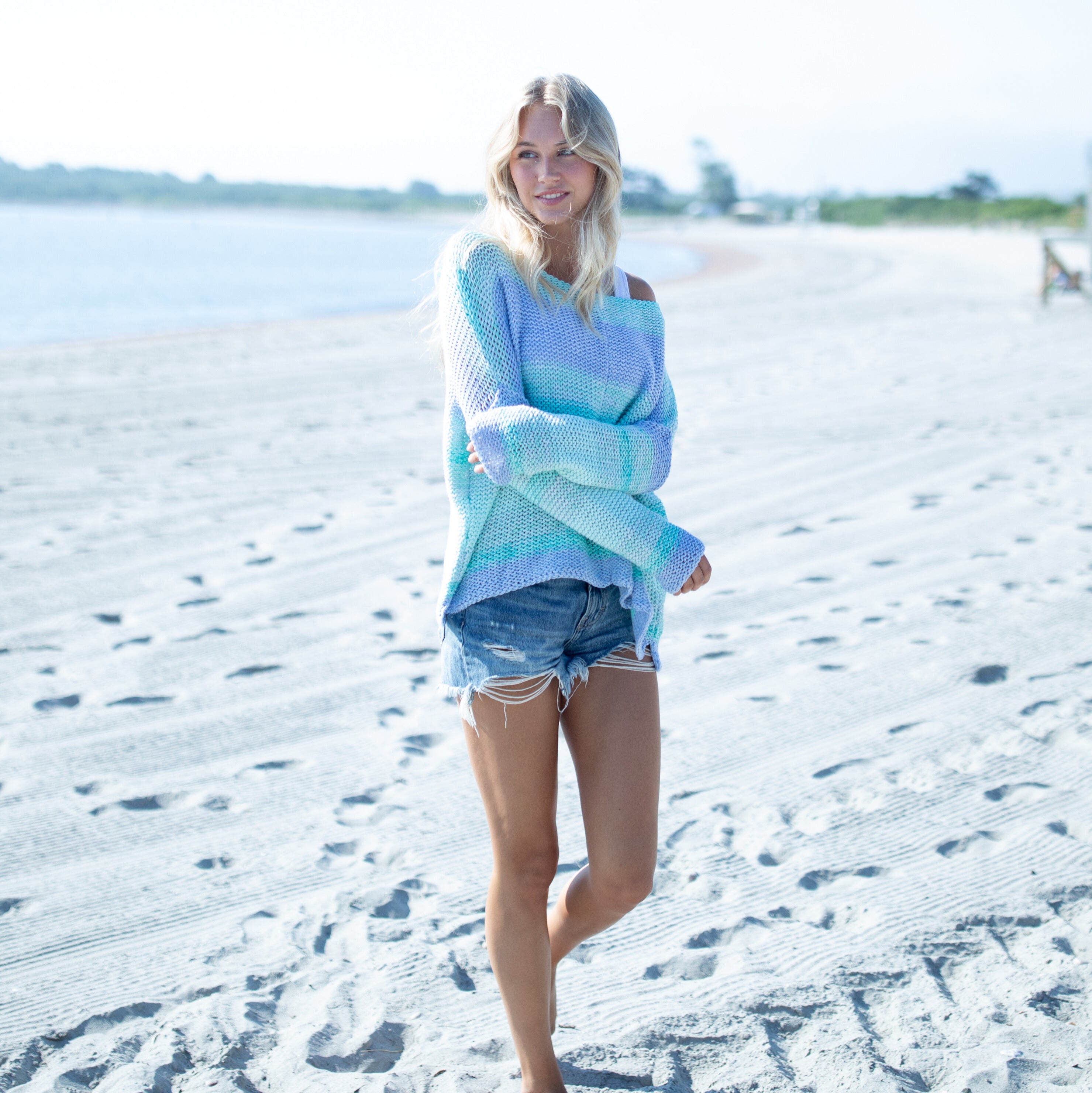 Boho Key West Chunky Crew Sweater - Mykonos Stripe