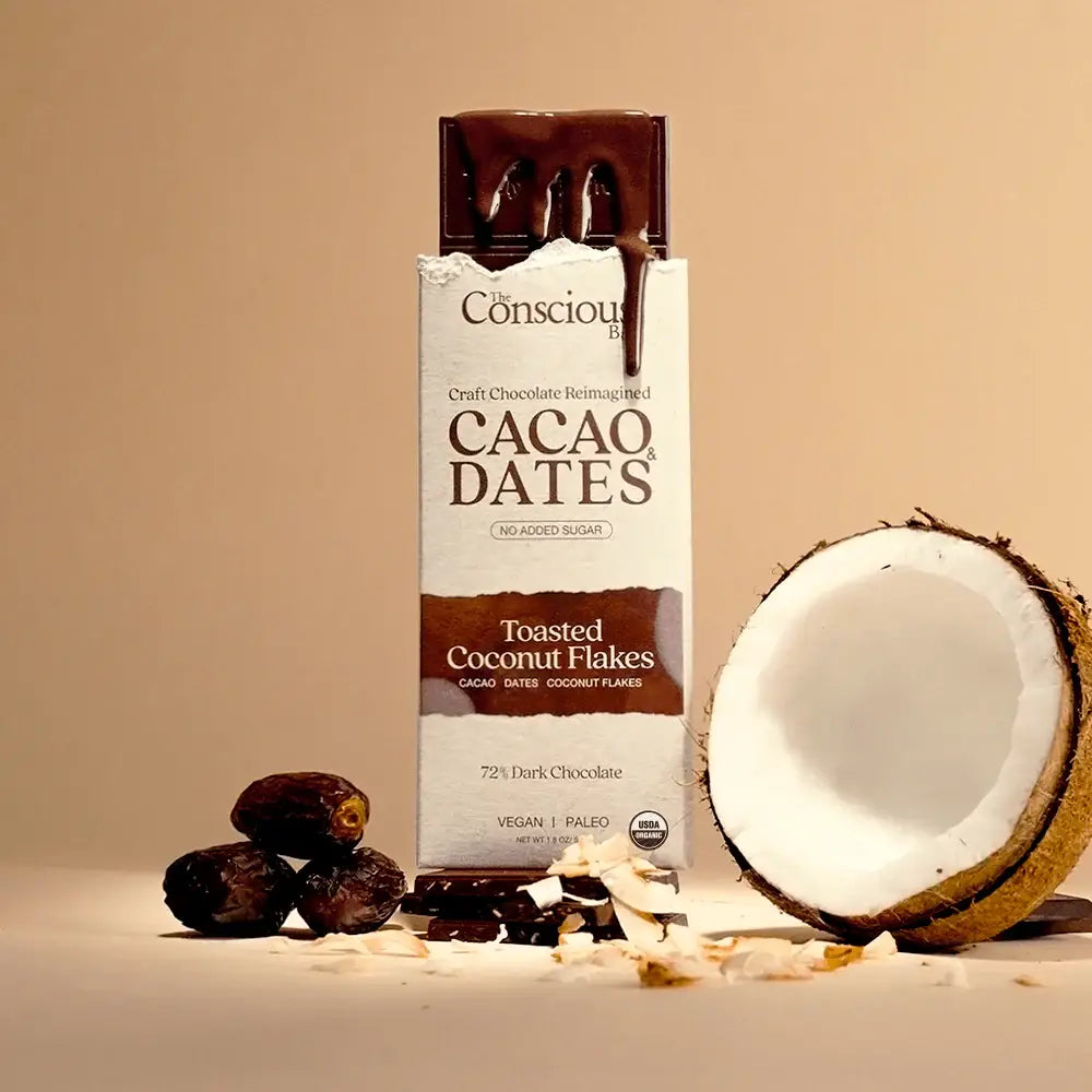 The Conscious Bar - Date Sweetened Dark Chocolate - Toasted Coconut Flakes