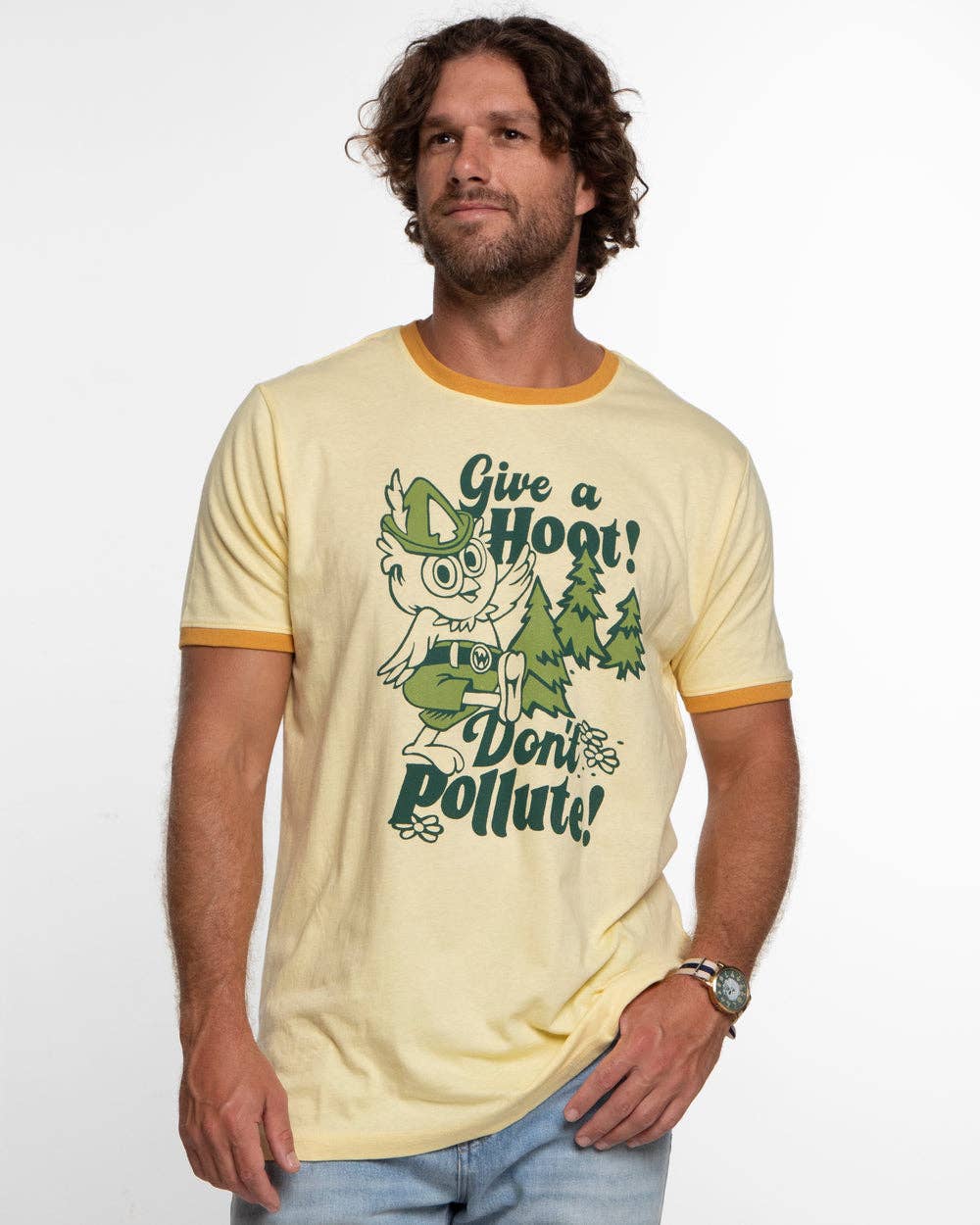 Woodsy Owl Retro Unisex Short Sleeve Ringer Tee: Mellow/Goldenrod