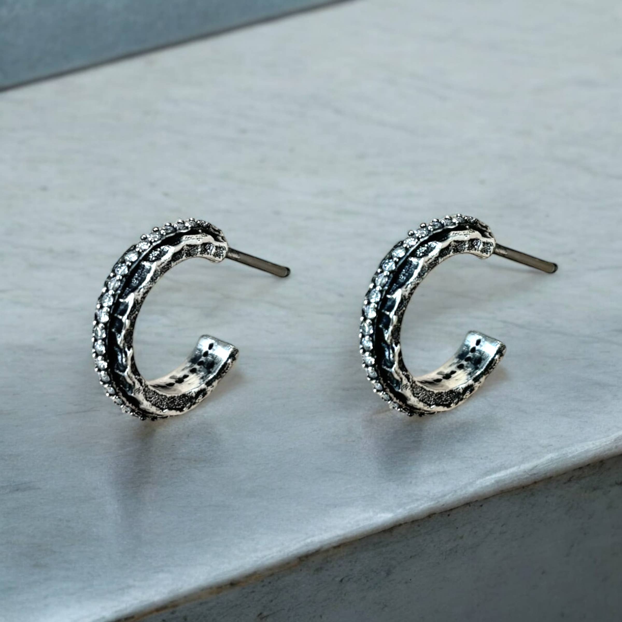 Mini Vintage Silver Egy Crystal Thin Hoops