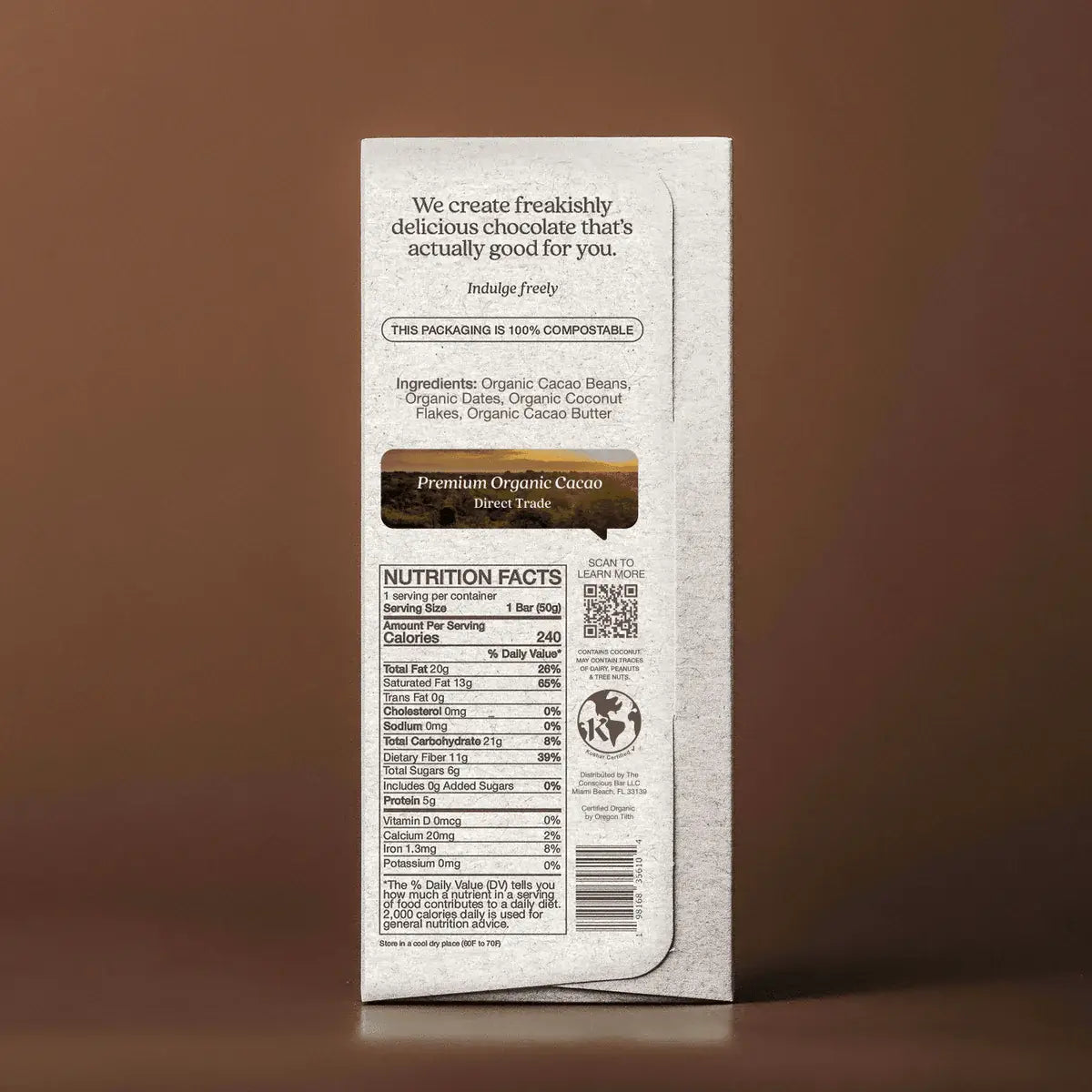 The Conscious Bar - Date Sweetened Dark Chocolate - Toasted Coconut Flakes