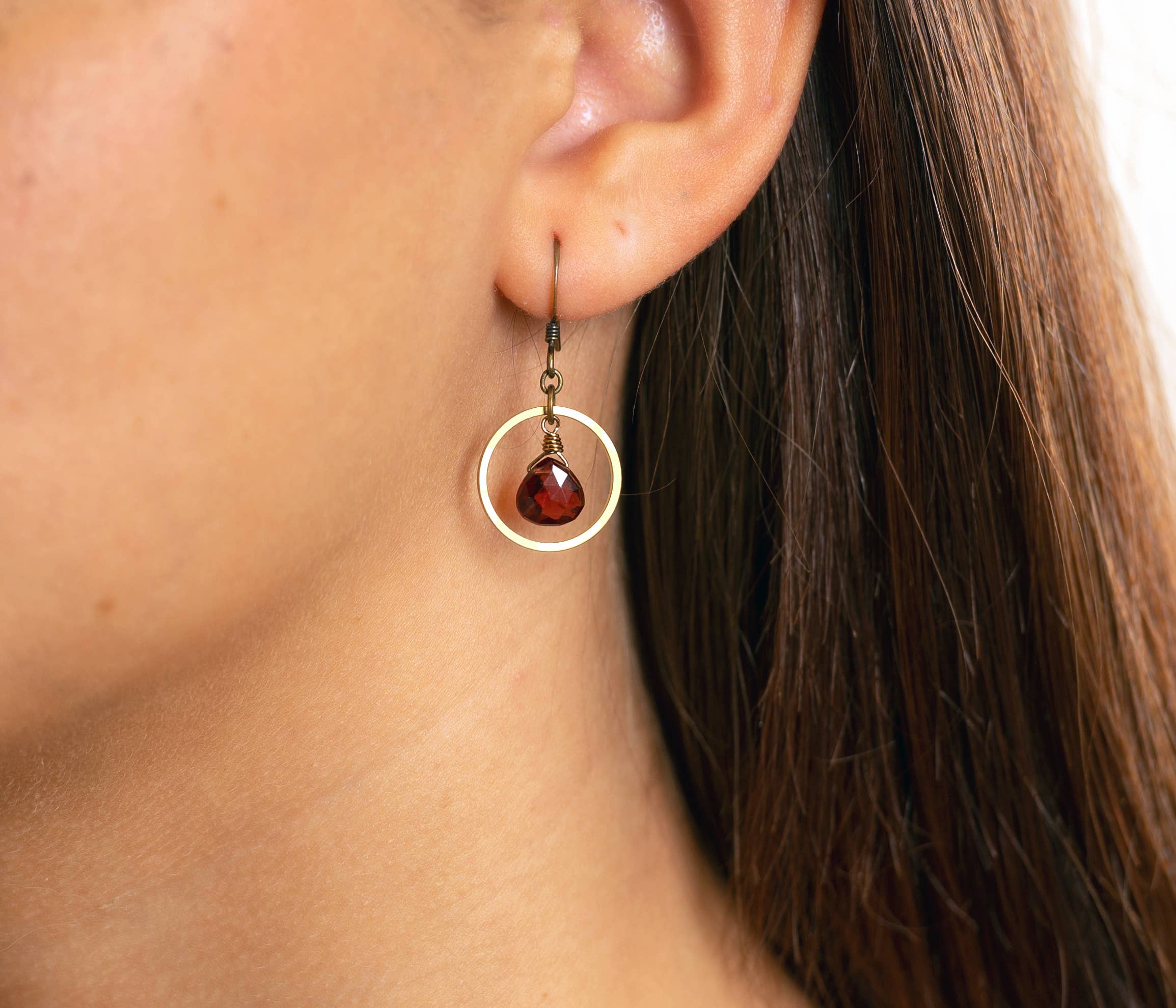 Red Garnet Inside Golden Circle Earrings Cute